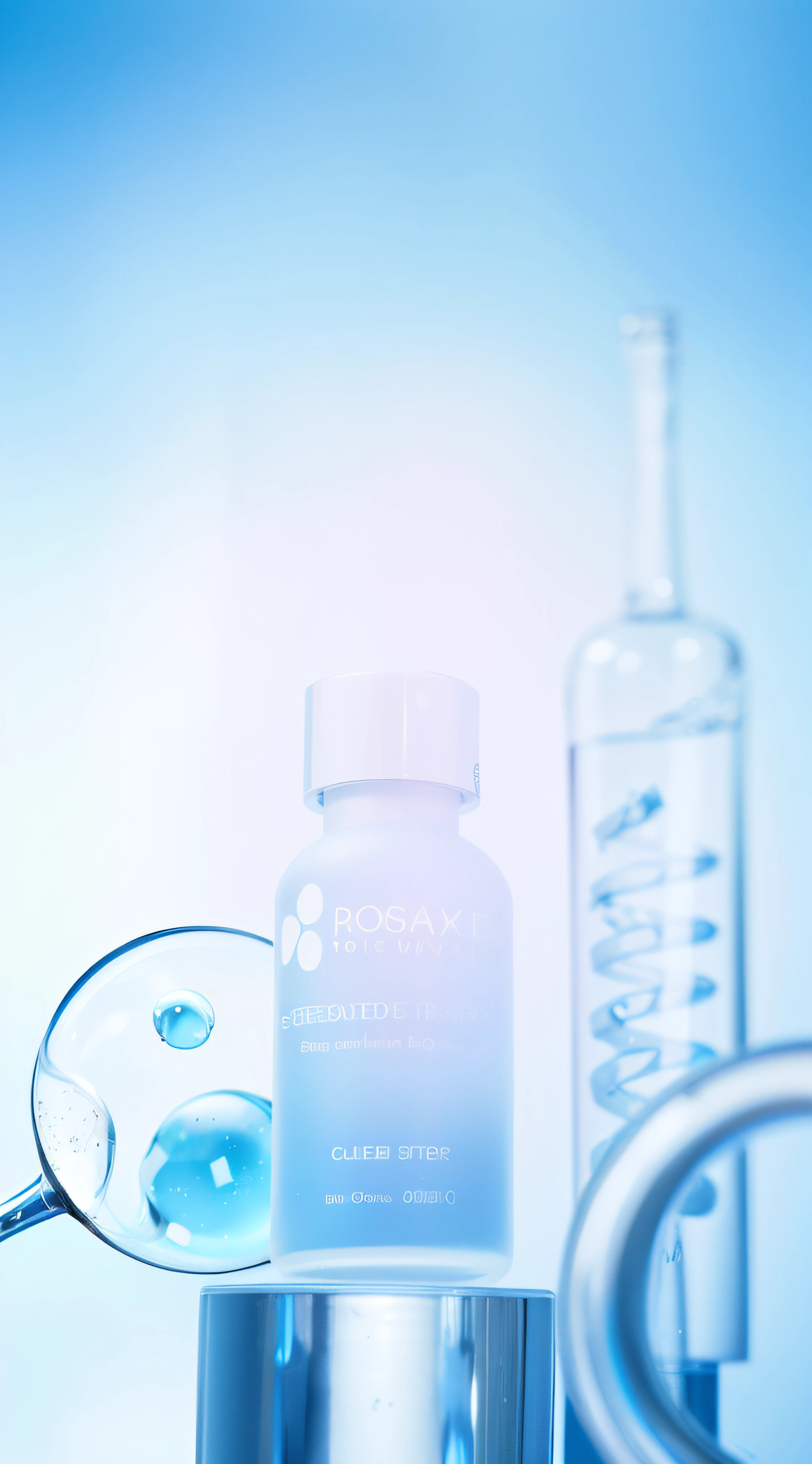 There a bottle of water and a glass of water on the table, commercial product photography, textured base ; product photograph, high quality topical render, transparent pubic hair, A vibrant, Glowing skin, studio product photography, fotografia do produto, reagents, scientific glassware, professional product photography, Outcome, 3D product rendering, sterile background, synthetic bio skin, studio product shot, dramatic product shot