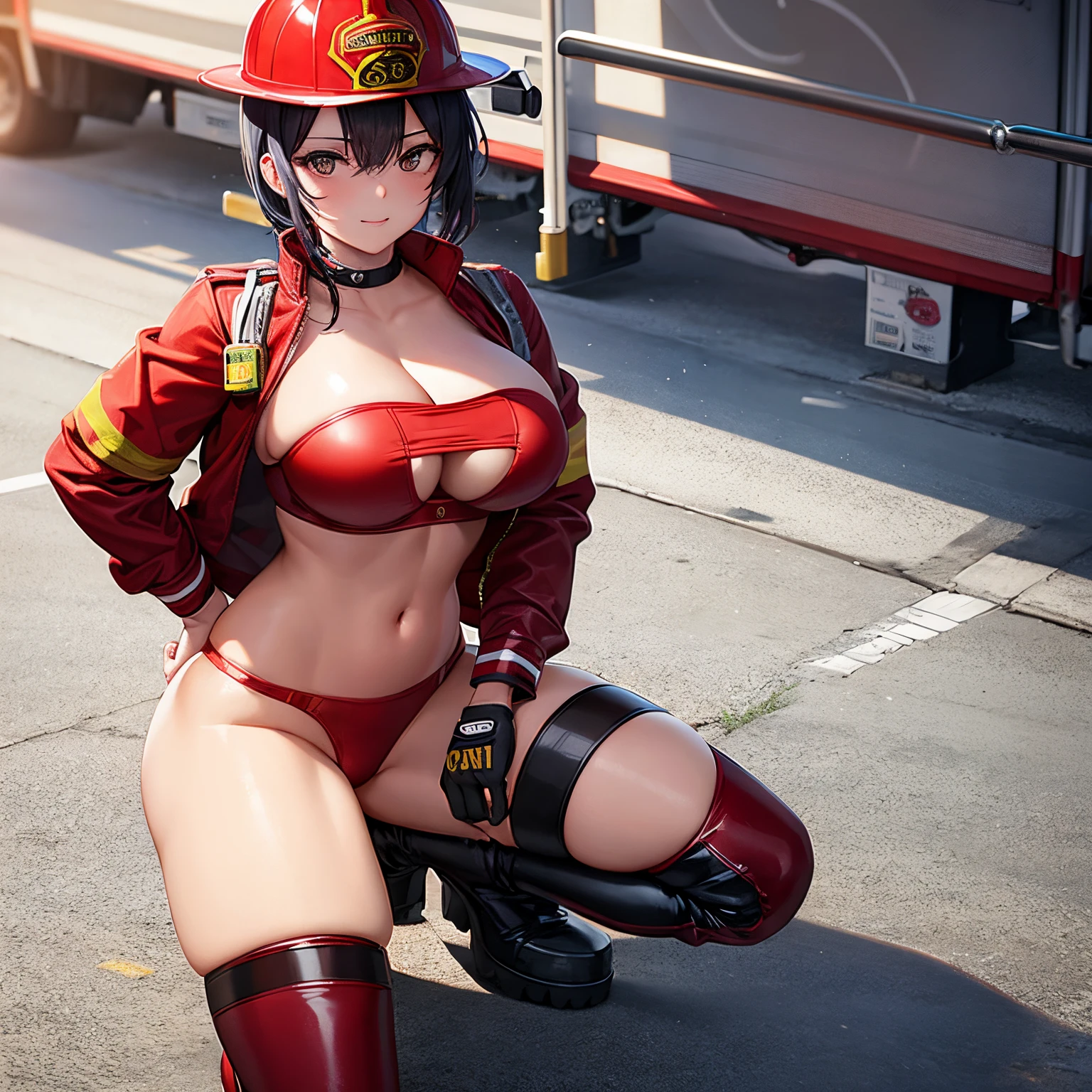 Firefighter wearing sexy firefighter uniform // firefighter jacket // wearing safety helmet // wearing sexy red strapless bra // big boobs // background fire truck: 1,2 // full body photo // bare belly