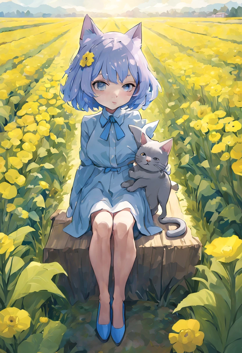 (absurdres:1.1, highres:1.1, ultra detailed:1.1), 1 girl, light purple hair:1.3, sitting ,hugging own legs, casual dress,
BREAK
(light blue pumps:1.3)
BREAK
grey cat, yellow Brassica flower field:1.3, sky, day