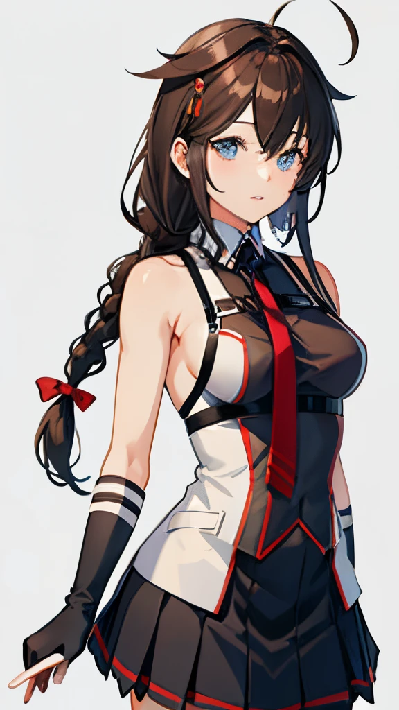 Shigure Kai 3 KanColle Sleeveless Black Thimble Gloves Black Skirt Braid 8K High Resolution (masutepiece, Best Quality:1.2),Illustration,8K,hard disk,1girl in,Solo,Cowboy Shot,Long hair,Single braid,black serafuku,Black school uniform,Pleated skirt,Fingerless grove hair ornament on one side only BIG bust