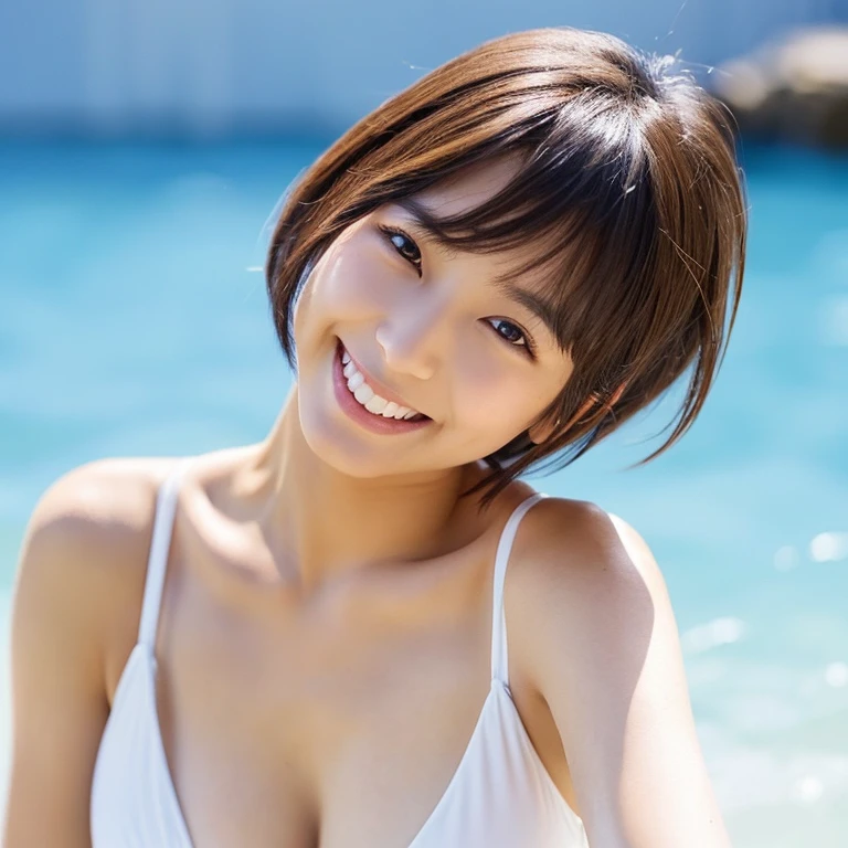 Short Bob、Beautiful Japanese woman 24 years old、Medium flesh and middle back、Cat face、Breast E Cup、a smile、Image size=1.6:1,white swimsuit images