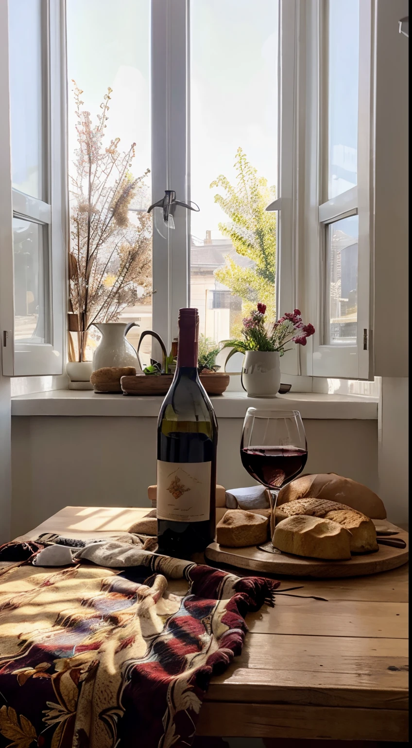 There was a bottle of red wine on the table、Biscuits and bread, wineglass,  Window lighting , Bright light, Background floral pattern curtains, Still life impasto painting , Bright background, Good sunshine