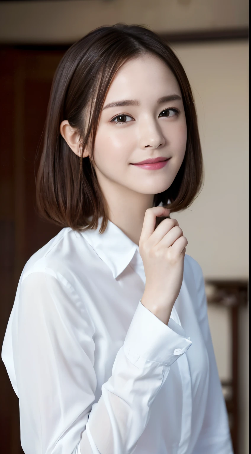 (Surreal), (A high resolution), (8K), (The very detailed), (美丽细致的眼睛), (quality), (ultra - detailed), (masterpiece), (A detailed的the face), Emma Watson soft focuust photo, eine Katze、whitet-shirt、A smile、