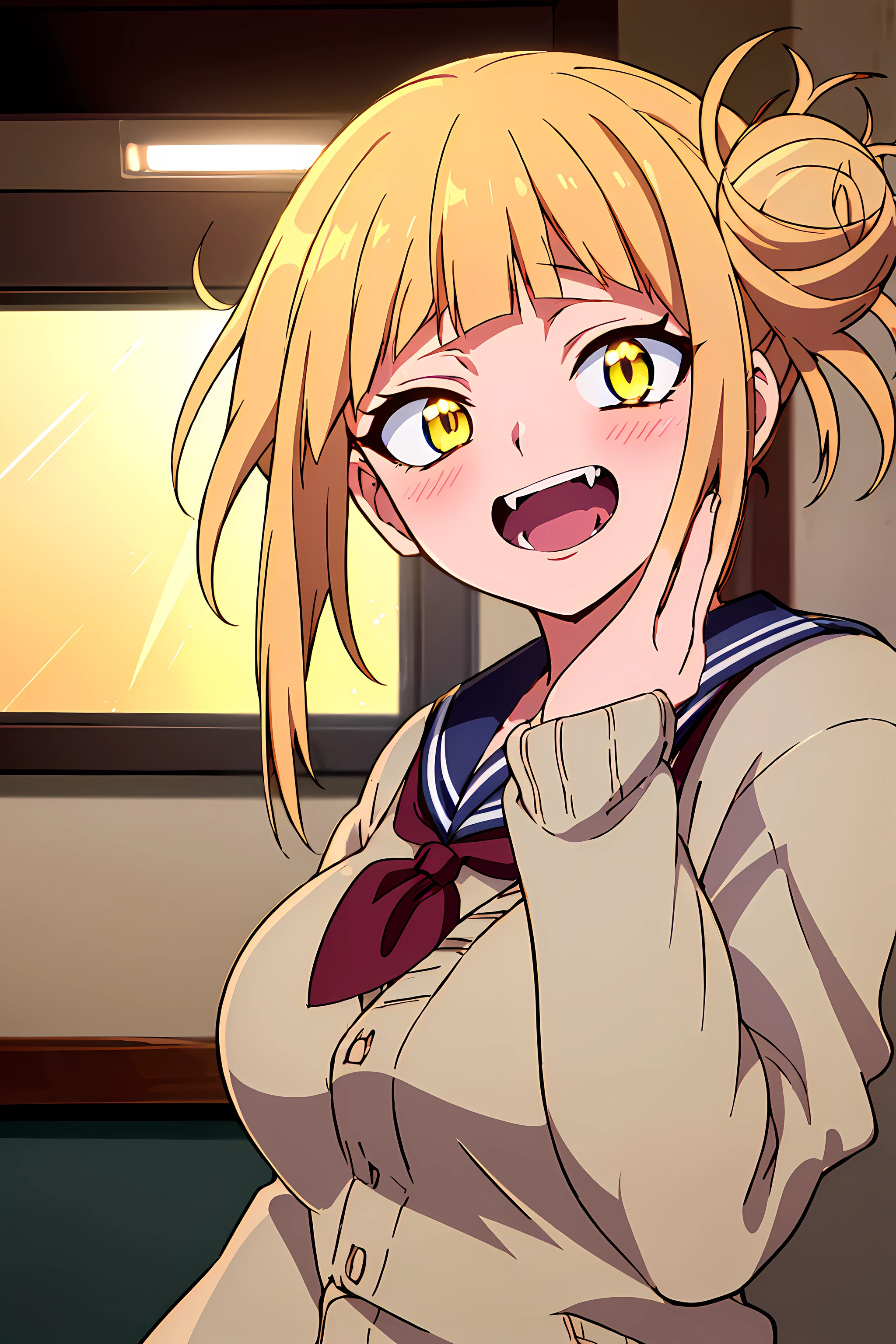 (top-quality,masterpiece,Anatomically correct,Full limbs,complete fingers,Precise fingertip detail,8K),(9 0 s anime style,cel shaded anime),Photorealista,(1人の女性:1.5), (Himiko Toga:1.52),aqua eyes, bags under eyes, blush, Open mouth, 牙, (Short stature:1.12), (Cardigan:1.2), blue sailor collar, Long sleeves, school classrooms, Official Character Art, official artwork, (radiant eyes),ultradetailed eyes, ultradetailed eyes, Shine created by concentrating the eyes,Sky Blue Lens Flare:1.7),(Luminous Eyes:1.17),(Raging Eyes:1.48),(joyous expression:1.25), Color Theme Red,octane renderings, nffsw,Rainbow Paint Drop,Paint Teardrop, Woman made up of paint, entirely paint, (Cinematic background),Splat, Splash, Indoors,Dark and blurry background,floating in sky,a closeup,dynamic ungle,the setting sun,Park at night, (The best lighting,extremely delicate and beautiful),beautiful detailed brilliance, (softlight:1.2),(Soft lighting in gold tones),,Warm and soft lighting,Dramatic light,((ciinematic light)), (Cinematic Masterpiece),(Cinematic headlight),Ambient Occlusion,ambient lights,intensely,Powerful,splashes of colour absolutely eye-catching,((coustics)),ray trace reflection,with light glowing,Happiness