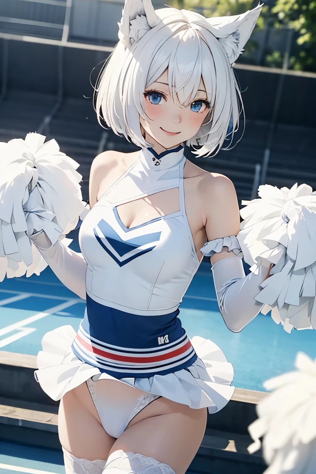 masutepiece　high-level image quality　Top image quality　8K　 Lady（Soio）　Portrait　white long glovelan gloves））　white panty hose（（blanche））　cheer girl（（Tube Top）blanche））　Wolf ears　shorth hair（（short-cut）（White hair）（perm）（fluffly））　Eye color is blue　a smile　Background with（sports ground）