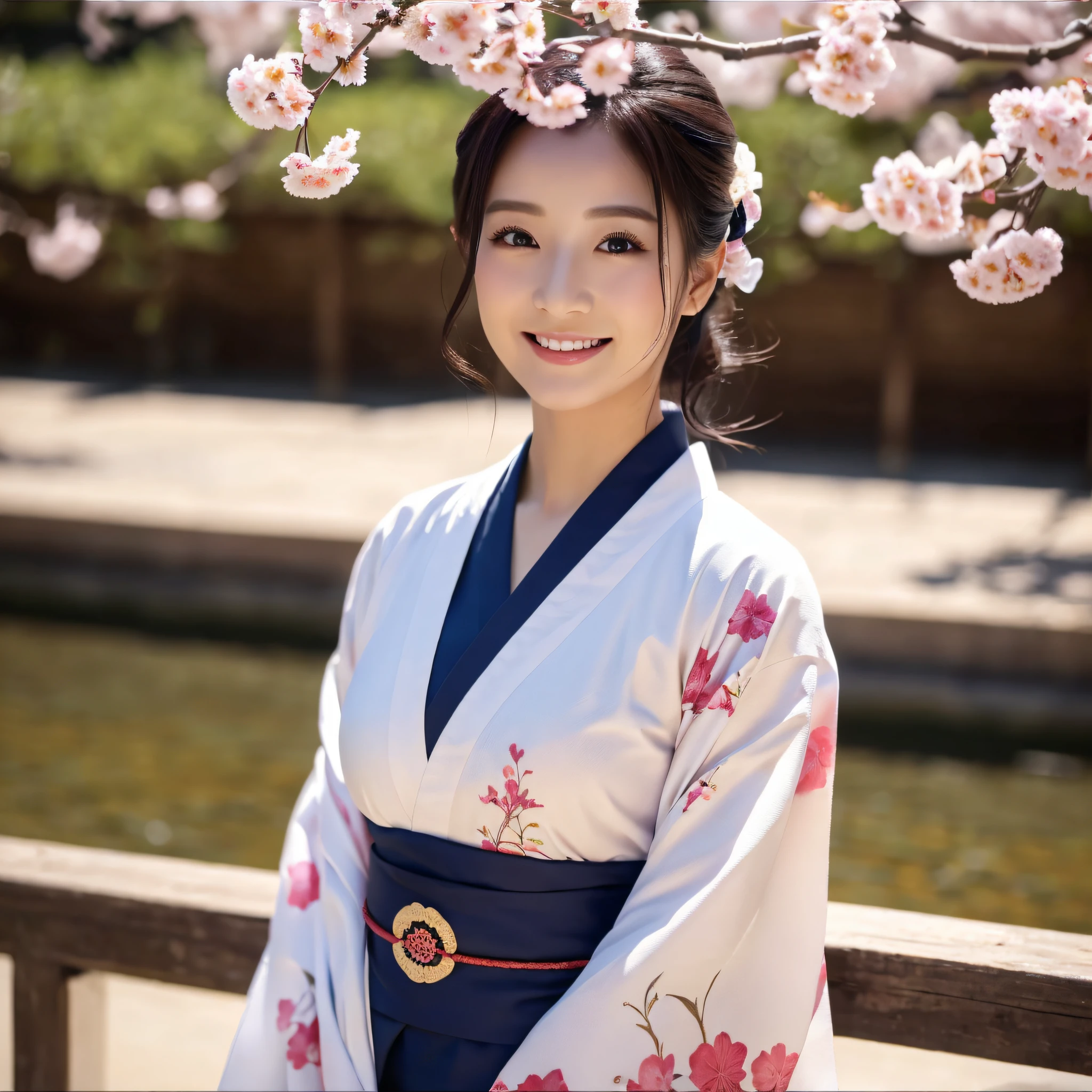 (Super beautiful woman in kimono)、((best qualtiy、8k masterpieces:1.3))、foco nítido:1.2、(ultra beautiful faces:1.0)、(shinny skin:1.0)、photos realistic、A dark-haired、Video Lighting、High-definition eyes and face、Video Lighting、Japanese actressl、from the front side、medium breasts、With a happy smile、Slender Abs Beauty、Whole body、wearing kimonos、cherry blossom in full bloom、luxury obi