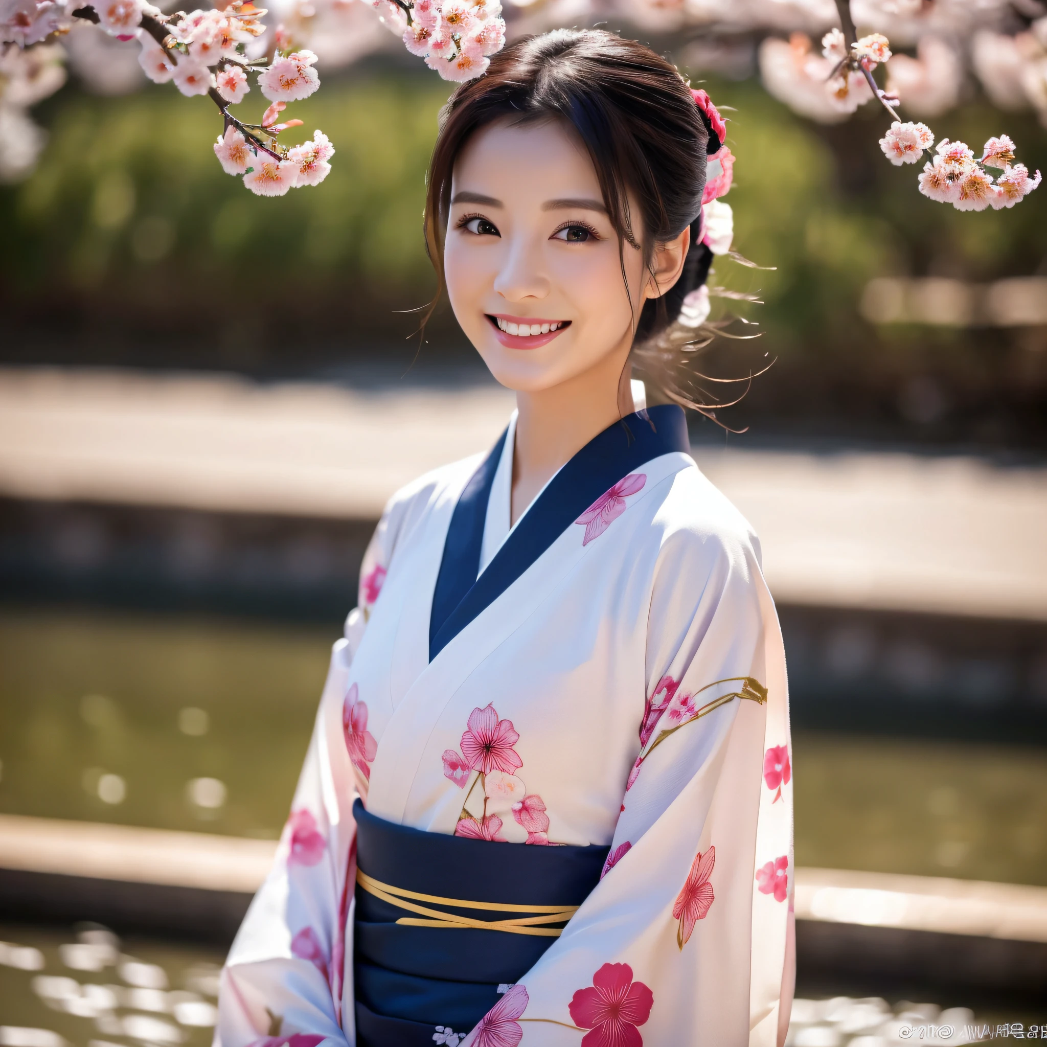 (Super beautiful woman in kimono)、((best qualtiy、8k masterpieces:1.3))、foco nítido:1.2、(ultra beautiful faces:1.0)、(shinny skin:1.0)、photos realistic、A dark-haired、Video Lighting、High-definition eyes and face、Video Lighting、Japanese actressl、from the front side、medium breasts、With a happy smile、Slender Abs Beauty、Whole body、wearing kimonos、cherry blossom in full bloom、luxury obi