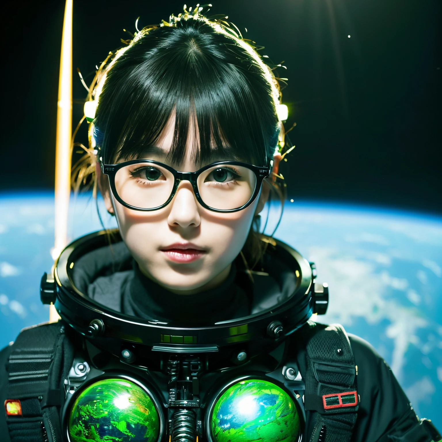 Sci-fi,youthful,Wear glasses,Very detailed.,Very clear,japan,outer space,black gold green