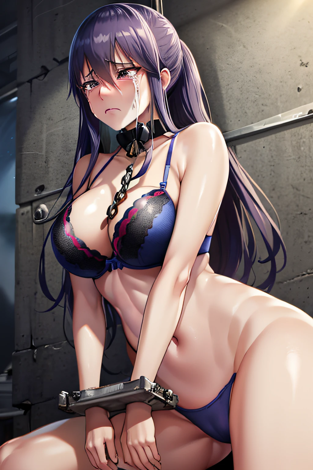 look for,Ponytail,maturefemale,Large breasts, messy hair style,Long hair,Blue hair, hair between eye, side locks, Purple eyes,(Delicate decoration gorgeous bra:1.2),(Naked:1.1),No panties,Navel, ((jail cell,Barred)),(hight resolution, High quality:1.1), Intricate details, Cinematic lighting, 1girl in,(red blush,Crying),(Metal collar、Shackles、slaves、chains、fetters,stock),(sitting on ground:1.2),Dynamic Angle,Spread legs,Handcuffed,(bruises on face and body, injuries on body, Damaged),From below