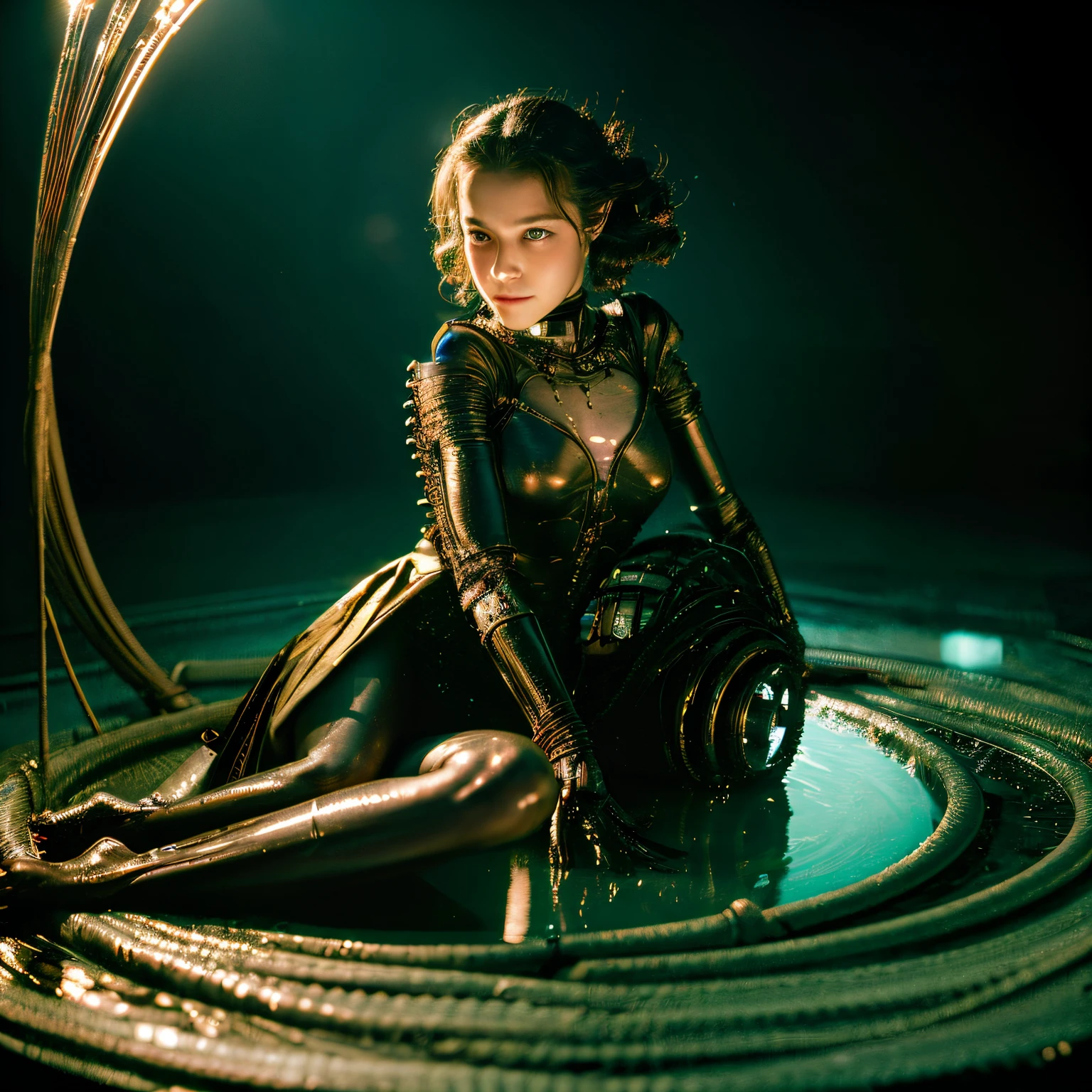 The waist is visible、A large mechanical hand extends from my back.、She has the face of a beautiful girl.、realistic