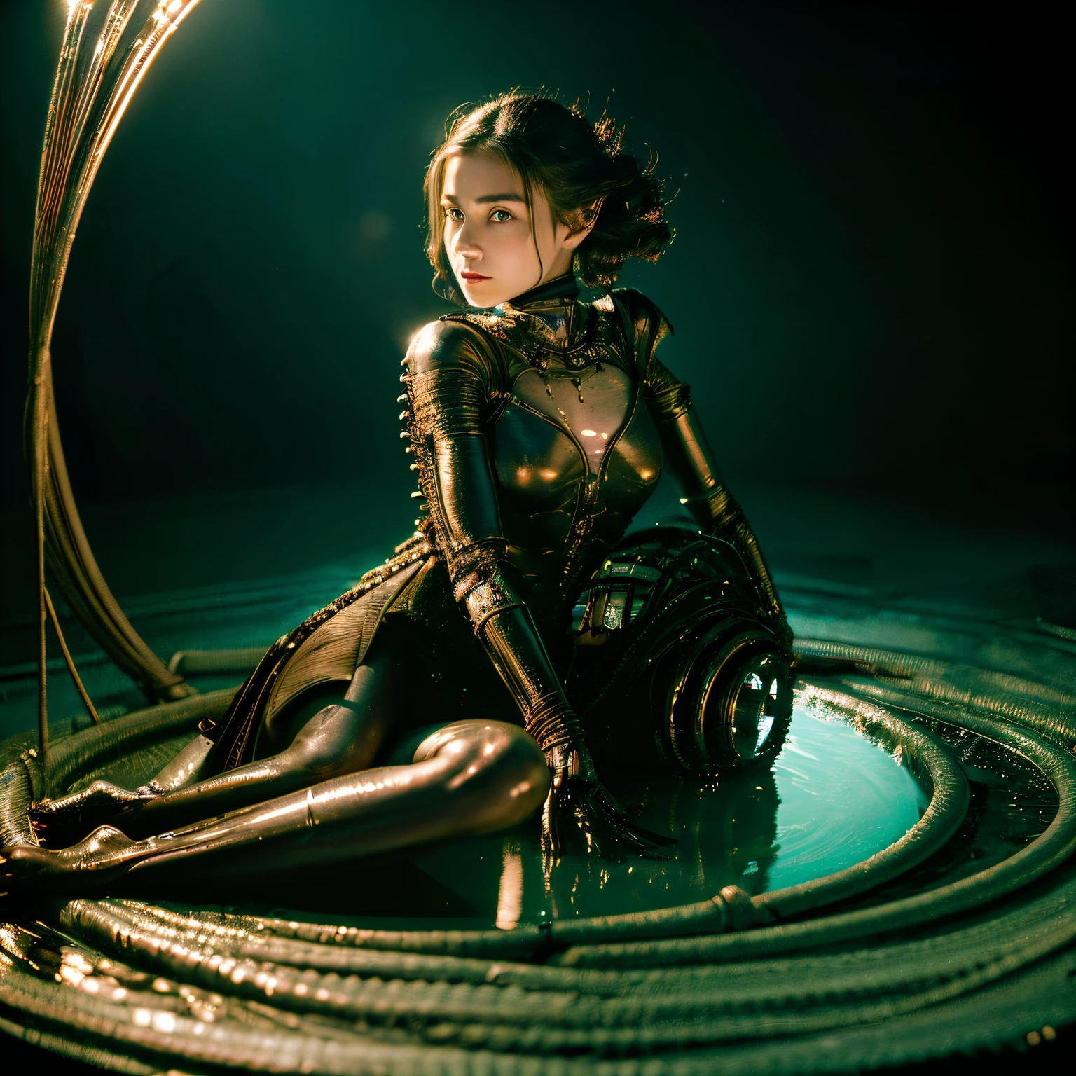 The waist is visible、A large mechanical hand extends from my back.、She has the face of a beautiful 12 year old girl.、realistic