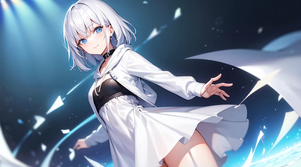 Look at viewers, hands behind back, girl with, 20 years old, Very short hair, long bangs between eyes, pale blue eyes, Hoodie, Skirt , Blue sky, Sunlight, Extremely detailed,(masterpiece、top-quality)、独奏、White hair、Black eyes、A smile、White skin as clear as snow、Fantastical, Silver hair, Blue eyes, Beautiful eyes,, Ecstasy, charmed, be smitten with audience, Hoodie, White hoodie,a black skirt,Hair is short,