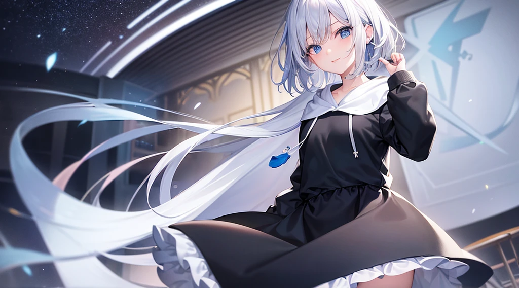 Look at viewers, hands behind back, girl with, 20 years old, Very short hair, long bangs between eyes, pale blue eyes, Hoodie, Skirt , Blue sky, Sunlight, Extremely detailed,(masterpiece、top-quality)、独奏、White hair、Black eyes、A smile、White skin as clear as snow、Fantastical, Silver hair, Blue eyes, Beautiful eyes,, Ecstasy, charmed, be smitten with audience, Hoodie, White hoodie,a black skirt,Hair is short,