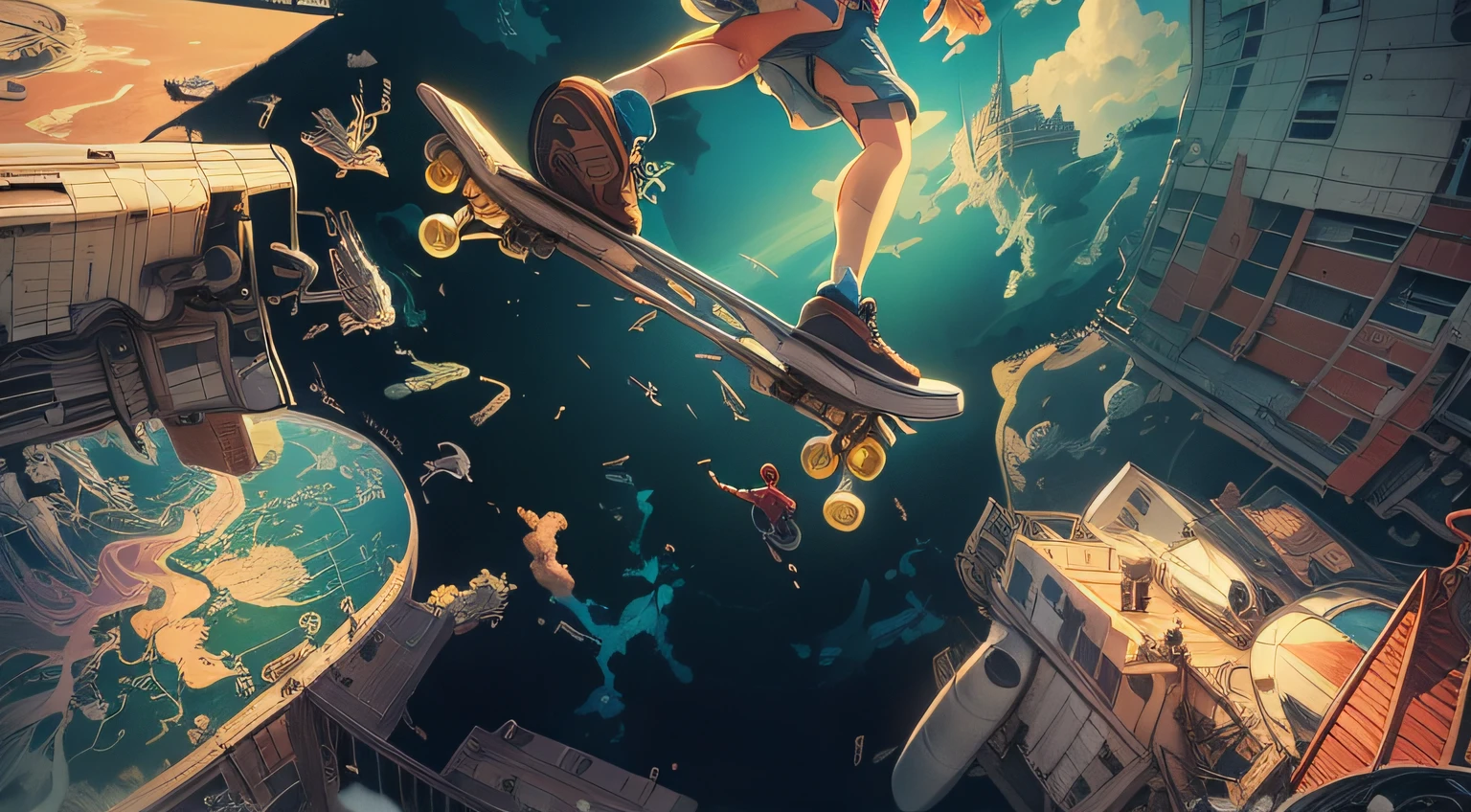 Music album cover design，Design Redondo，Half empty background in the city，2D vector，Concentrate art，floral theme，vivd colour，Girl playing skateboard, dressed in fashion, leaping over the city and looking down，The city  surrounded by rollercoaster tracks，Worm eye perspective，Look from back to front，lighting by Rembradt，Adobe illustration，Trand Art Station，Magnificent art，tmasterpiece，Author Ghibli