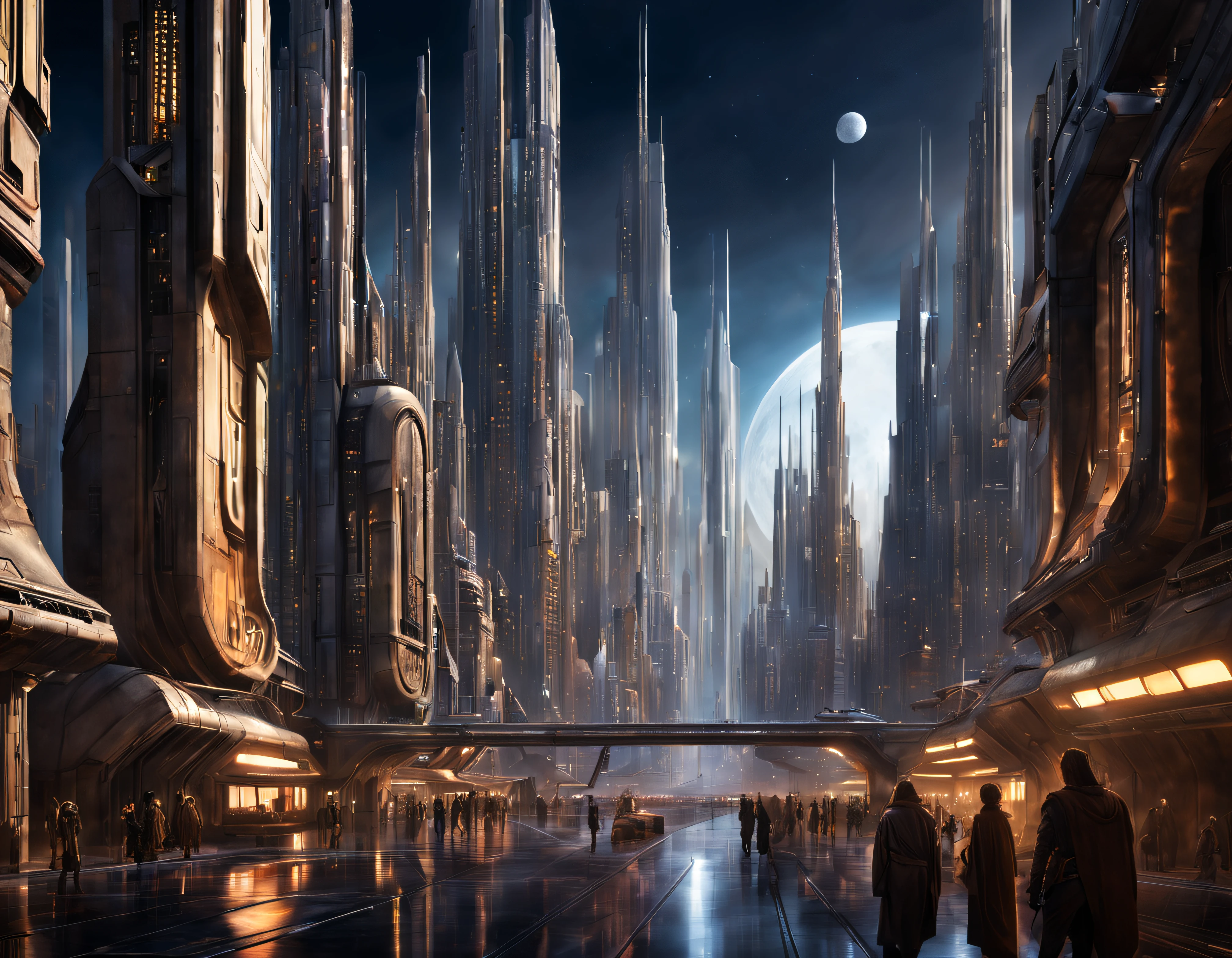 (The city of Coruscant from Star Wars as designed by Doug Chiang), futuristic fantasy city with immense buildings of technological design (que forman una avenida infinita), edificios compactor no difuminados con aspecto metalico, luces en ventanas en edificios, iluminacion diurna con sol, con estructuras acristaladas espectaculares, (con colores vivos). pavimento ensolado (sin brillo). gente paseando. imagen bien definida con muchos edificios juntos. imagen nitida bien definida 8k. los edificios llegan alta el fondo.,8k. imagen cinematografica