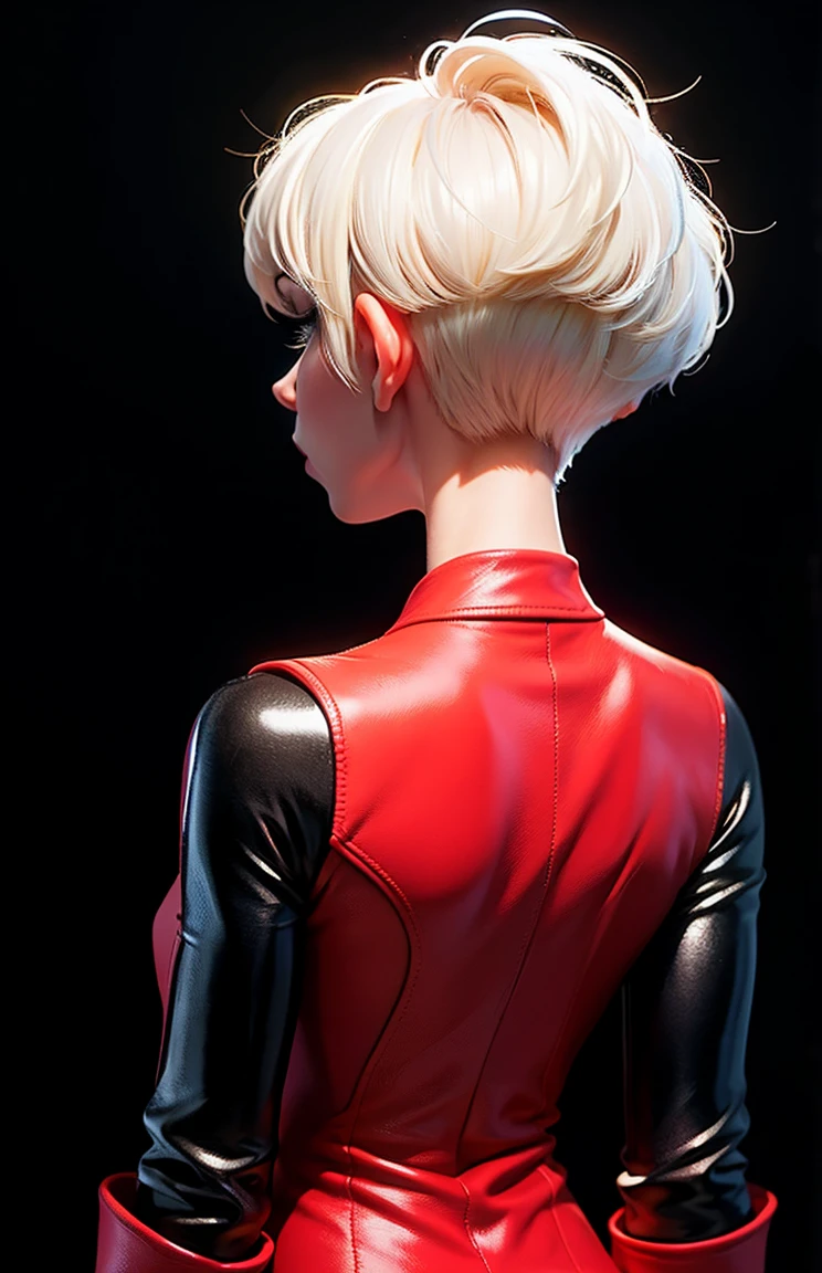 pixar style, (((upper body))), from behind, full body photoshot of beautiful slender woman,(((short blondie white hair, pixie haircut))), (high detailed skin texture), wearing a leather catsuit, simple black background, (((backlit)))