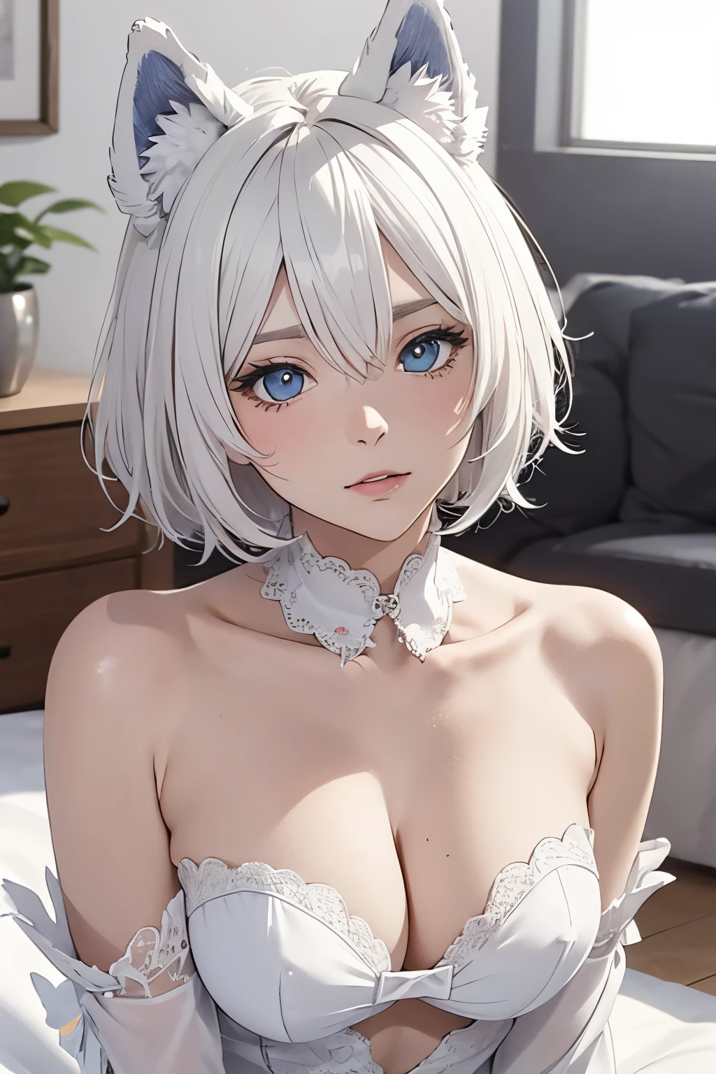 masutepiece　high-level image quality　Top image quality　8K　 Lady（Soio）　blow job　Portrait　white long glovelan gloves））　white panty hose（（blanche））　maid clothes（（Tube Top）blanche））　Wolf ears　shorth hair（（short-cut）（White hair）（perm）（fluffly））　Eye color is blue　distressed face　Background with（bedroom）