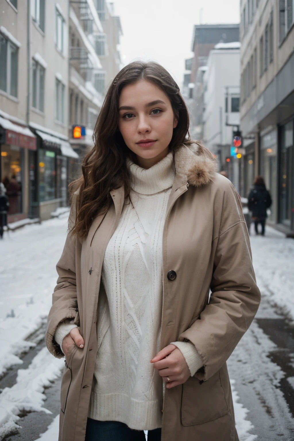 professional portrait photograph of a gorgeous Norwegian girl in winter clothing with long wavy blonde hair, sultry flirty look, gorgeous symmetrical face, cute natural makeup, wearing elegant warm winter fashion clothing, ((standing outside in snowy city street)), stunning modern urban environment, ultra realistic, concept art, elegant, highly detailed, intricate, sharp focus, depth of field, f/1. 8, 85mm, medium shot, mid shot, (((professionally color graded))), bright soft diffused light, (volumetric fog), trending on instagram, hdr 4k, 8k