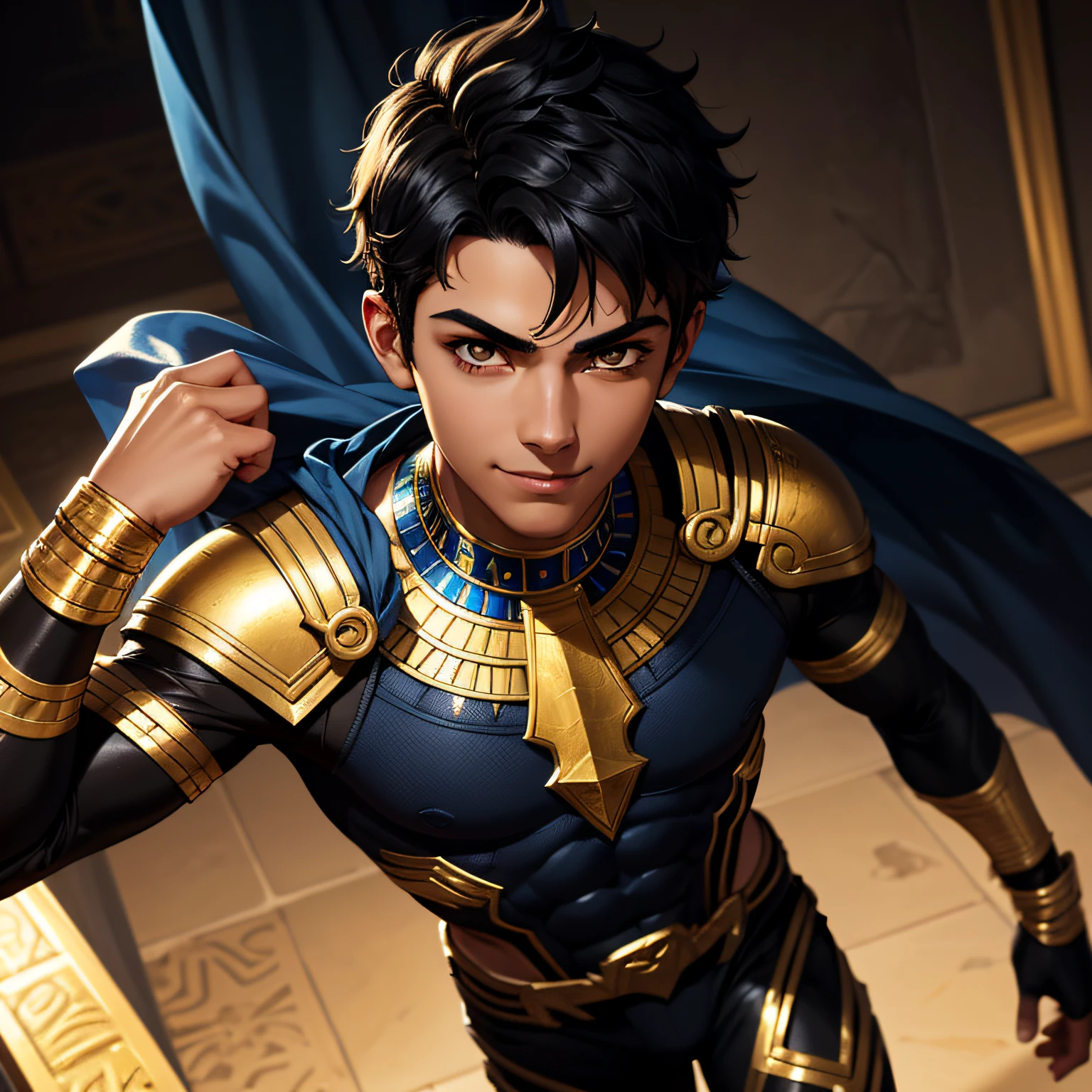 A garçon égyptien de  with a garçon appearance, yeux noirs aussi sombres que la nuit, Cheveux courts légèrement en désordre couleur black, portant un costume de super-héros de style anubis de couleur bleu et or, [maigre:musculaire:0.3], Des yeux bienveillants, slightly smiling, digital art, Masterpiece, highly quality, ((1 character))