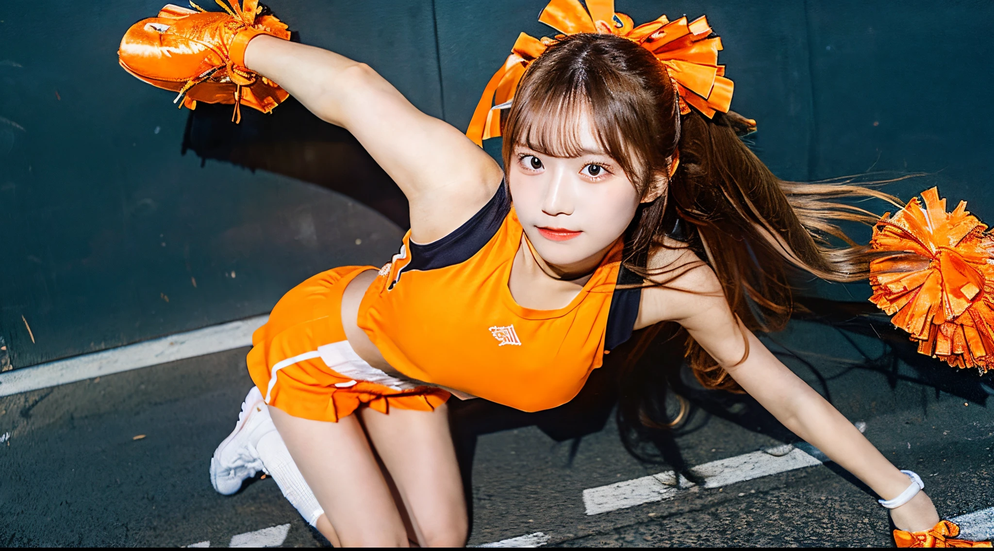 18 year old cheerleader in orange miniskirt