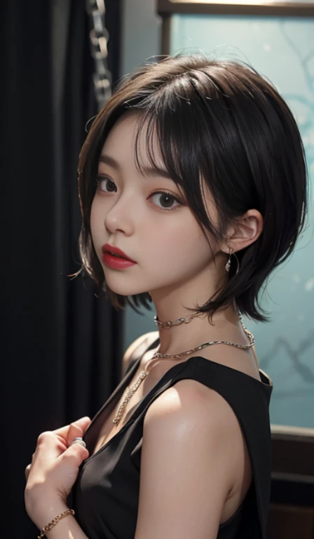 ((Long diamond earrings)), ((NECK CHOKER)), ((GOTHIC BLACK EYELASHES & LIPS)), ((BLACK LIPS)), ((shorthaircut:1.3)), adorable, 1 girl, (face to face), 10 years old, baby face, happy, half body portrait, (face details: 1), (eye details: 1), ((tiny breasts)). ((croptank "IRON MAIDEN" logo)), ((net stockings)), lingerie 