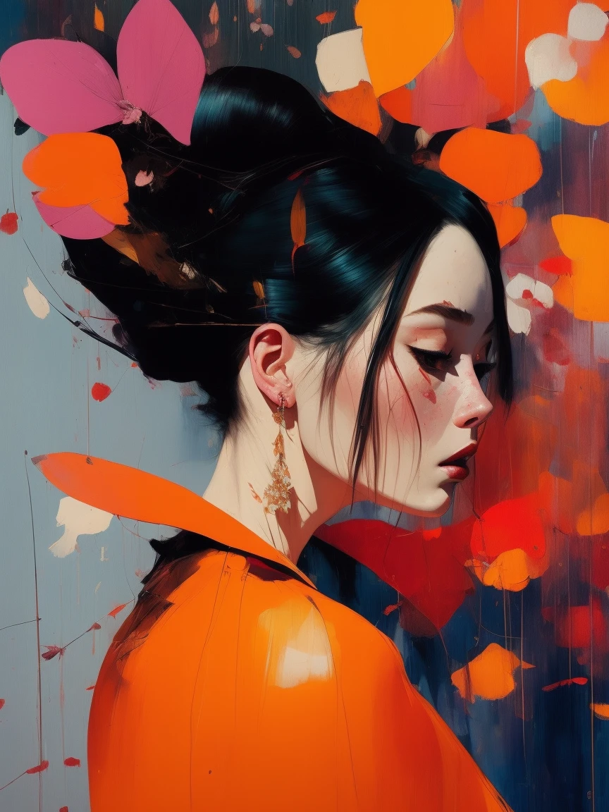 there ugliness in beauty, but there also beauty in ugliness. in the style of adrian ghenie, esao andrews, jenny saville, edward hopper, surrealism, dark art by james jean, takato yamamoto, inkpunk minimalism, A beautiful woman in a pose, in spring, artbook, game_cg, Japanese, Plump,Portrait of a stunningly beautiful, fashion editorial, studio photography, magazine photography, pointed nose, blurry background