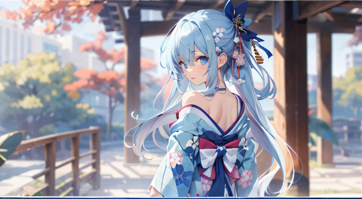 A anime high school girl, wear sexy kimono, short kimono, bare arms, bare back, bare shoulder, walking, long hair, light blue hair, look at viewer, blue eyes