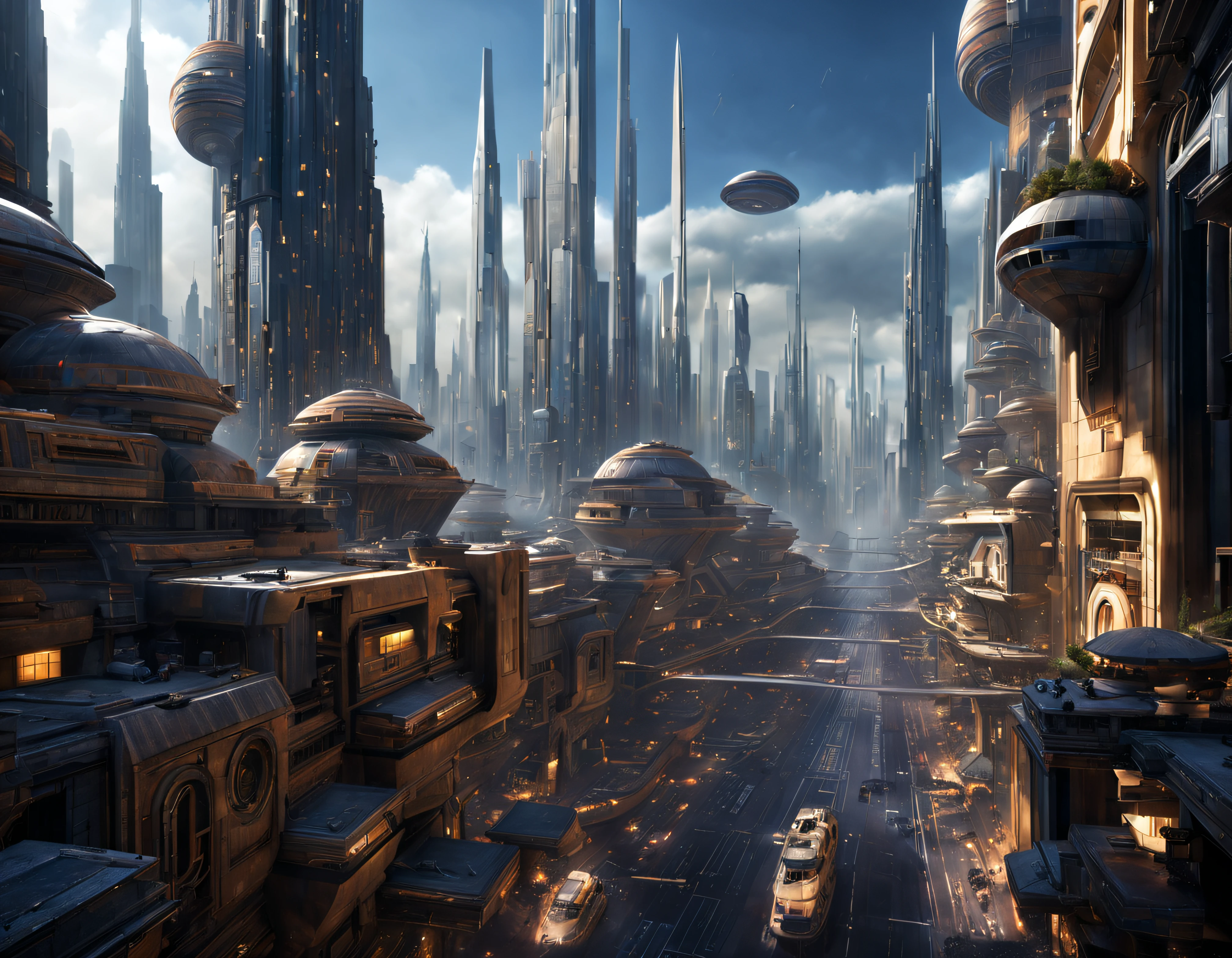 (The city of Coruscant from Star Wars as designed by Doug Chiang), futuristic fantasy city with immense buildings of technological design (que forman una avenida infinita), edificios compactor no difuminados con aspecto metalico, luces en ventanas en edificios, iluminacion diurna con sol, con estructuras acristaladas espectaculares, (con colores vivos). pavimento ensolado (sin brillo). gente paseando. imagen bien definida con muchos edificios juntos. imagen nitida bien definida 8k. los edificios llegan alta el fondo.,8k. imagen cinematografica