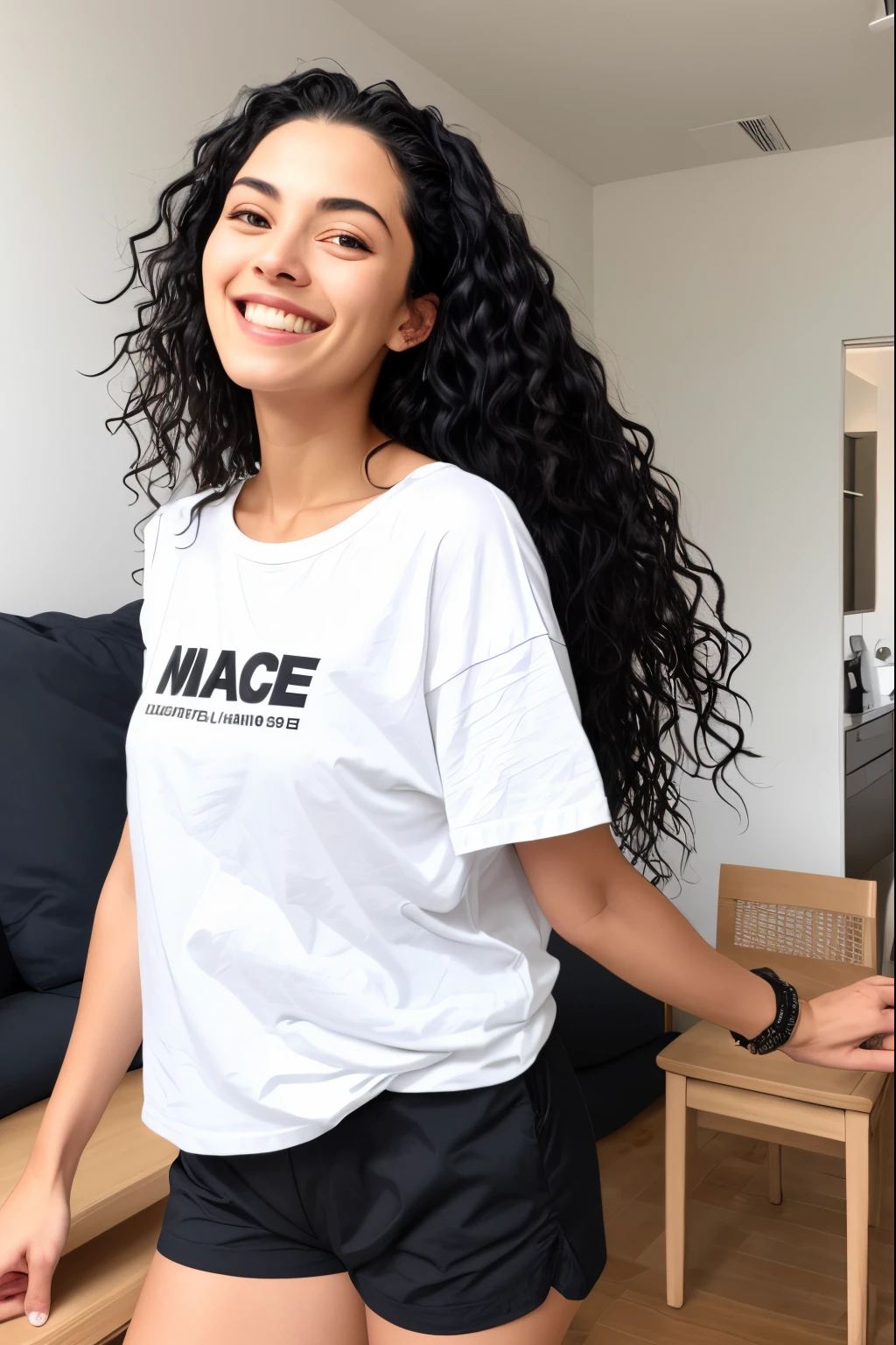 Beautiful woman with black wavy hair, big smile on her face , wear oversized white t-shirt and black cargo, ultrarealistic