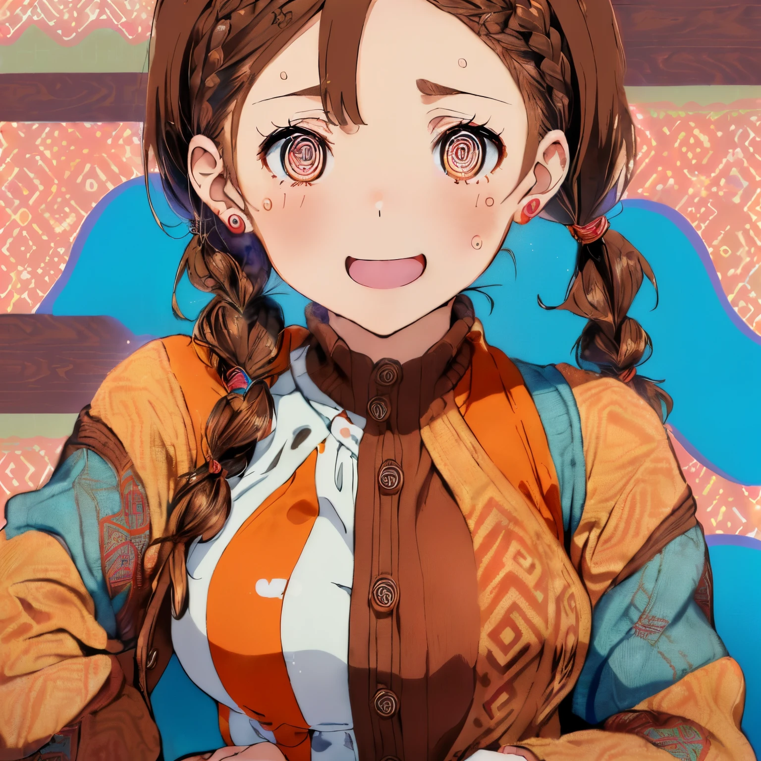 ((Brown hair)),((Braided shorthair)),((Brown eyes)),((Pigtails)),((Pair with a bungalong sleeve jacket or cardigan),((Winter clothes)),(colorful nordic pattern dress),((One piece made of sweat material))Slight red tide,(laugh vaguely),((Pop, Colorful and cute world view)),Kamimei,((close up of face)),