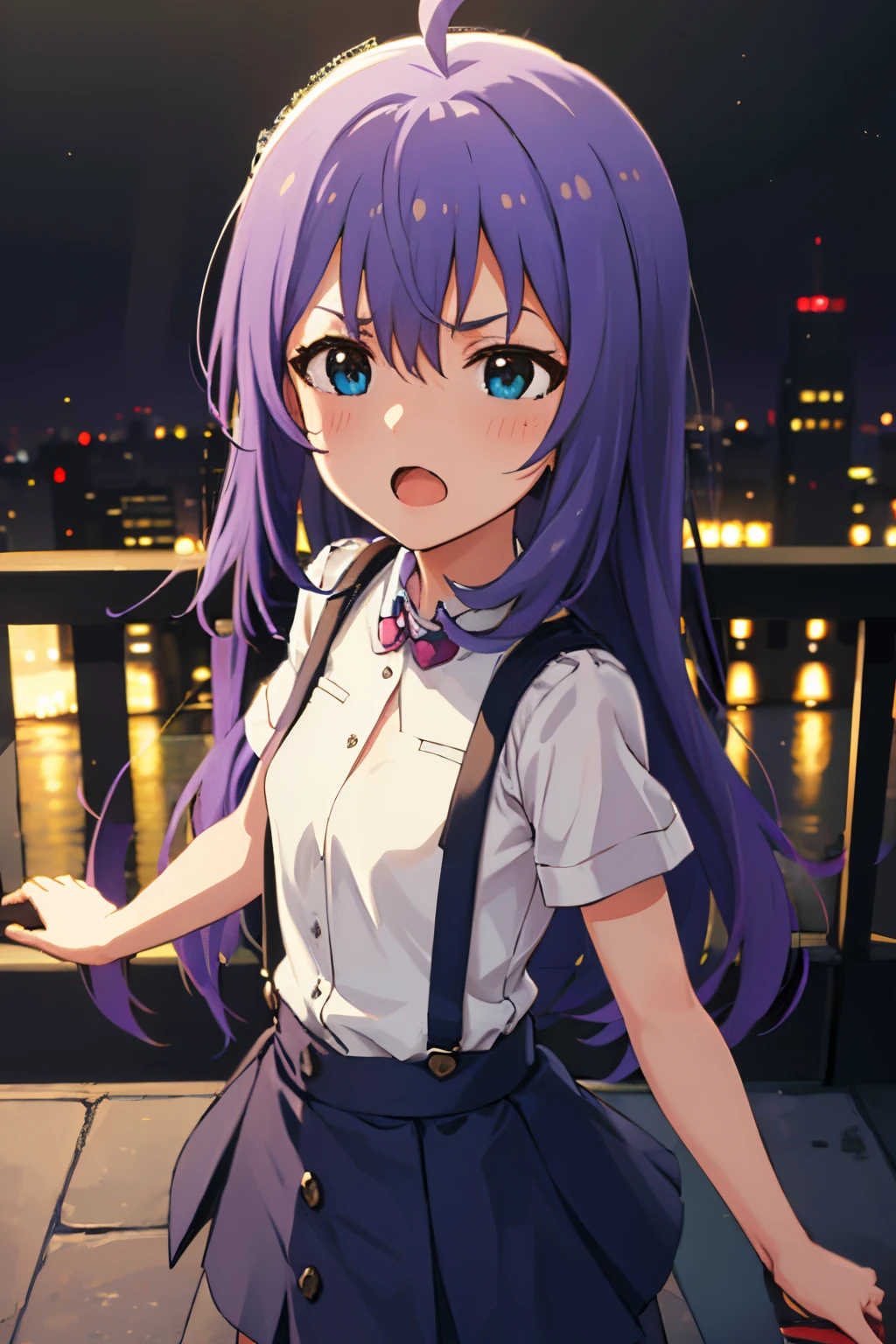 {{{{{mochizuki anna}}}}},1girl,solo,long hair,purple hair,small_ahoge,blue eyes.short stature.white t-shirts.suspenders.skirt.(((masterpiece))).(((best quality))).((ultra-detailed))).(((illustration))).night view.small Breasts.fighting stance.Sad face.open mouth