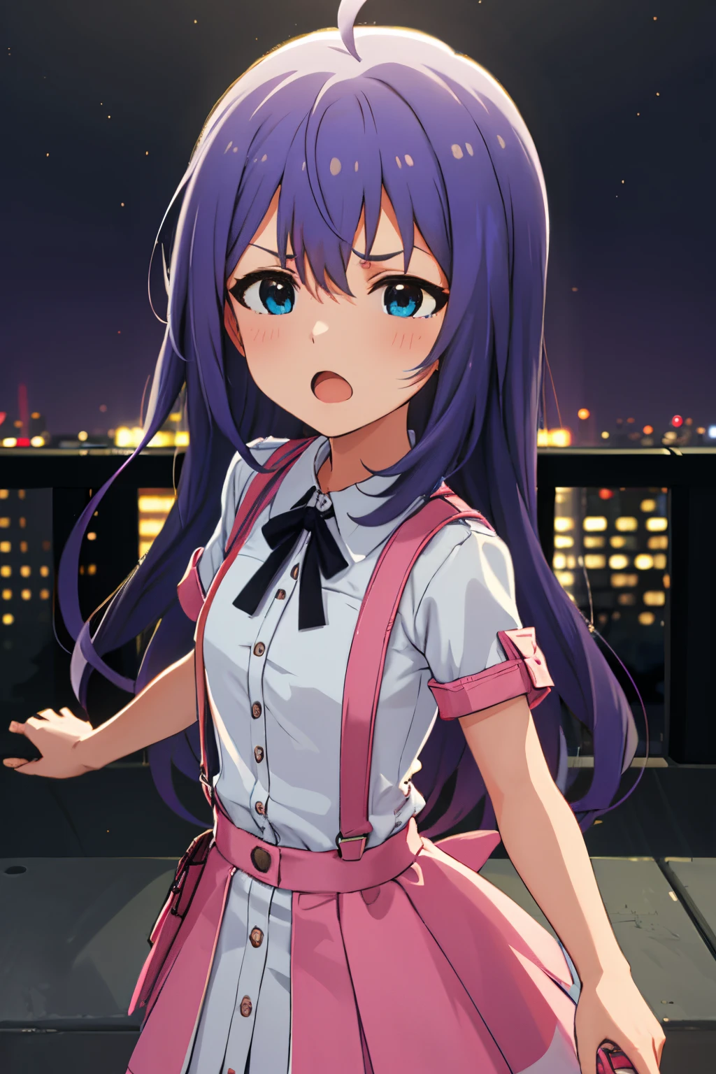 mochizuki anna,1girl in,Solo,Long hair,Purple hair,Medium chest.Ahoge,Blue eyes.Short stature.white t-shirts.suspenders.Skirt.Evening glow.the setting sun.Despair face.Sweat.Opening Mouth.up chest.Fighting stance.