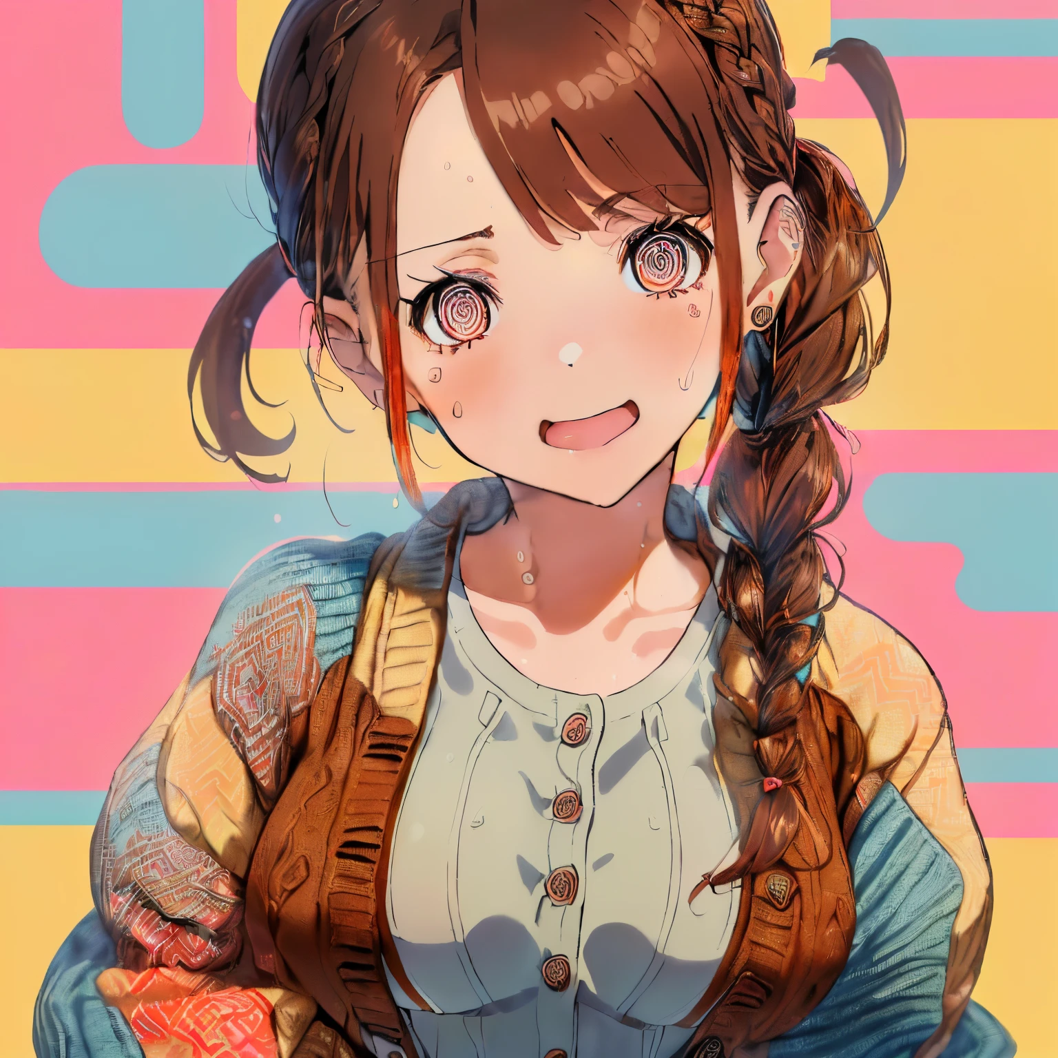 ((Brown hair)),((Braided shorthair)),((Brown eyes)),((Pigtails)),((With bangs)),((Pair with a bungalong sleeve jacket or cardigan),((Winter clothes)),(colorful nordic pattern dress),((One piece made of sweat material))Slight red tide,(laugh vaguely),((Pop, Colorful and cute world view)),Kamimei,((close up of face)),