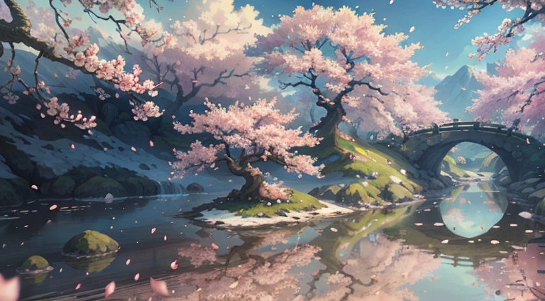 Original,(illustratio:1.1),(best qualtiy),(tmasterpiece:1.1),(the Extremely Detailed CG Unity 8K Wallpapers),(Farbe:1.2),cherry blossom magnolia tree,magnolia petals,scenecy,rivers|Wagas,