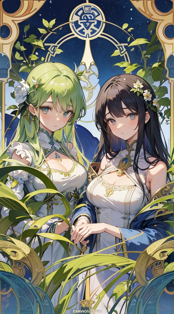 absurdres, best quality, fine detailed, 8k, tarot card style frame, Alphonse Mucha, art nouveau, art deco, 2girl, asymmetrical twin girls, asymmetrical composition, Greek fantasy dress, flowers in hair, messy hair, garden, olive leaves, petals, vines, Beautifully detailed eyes, beautiful shiny detailed hair, upper body