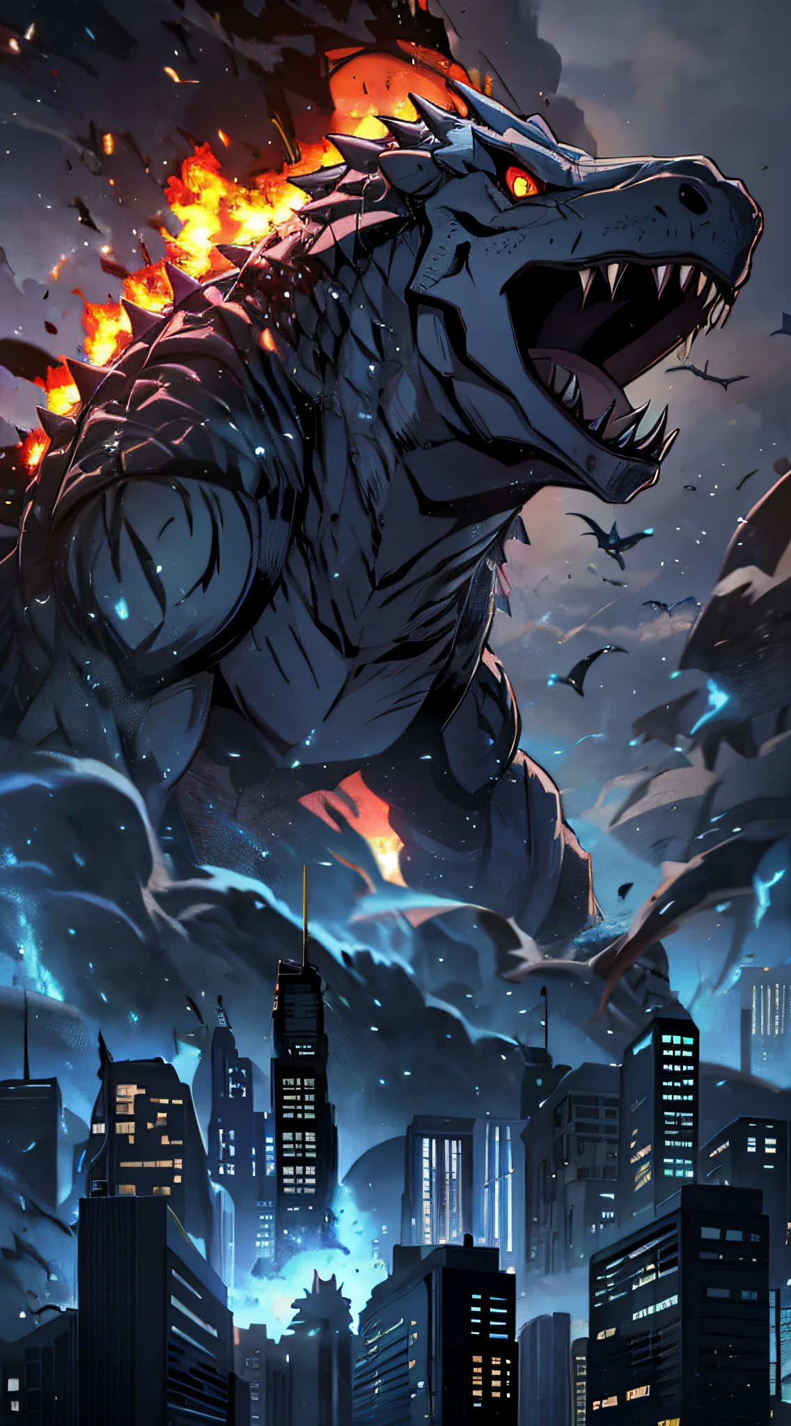 top-quality、Top image quality、masterpiece、Kaiju((Red fuselage、black body line、prickly appearance、dinosaur style、Spit fire through the mouth,rampage)),hiquality、Beautiful Art、Background with(( Burning City、collapsed building explosion explosion flight、Combat tank station parts))、masutepiece、depth of fields,Cinematic style