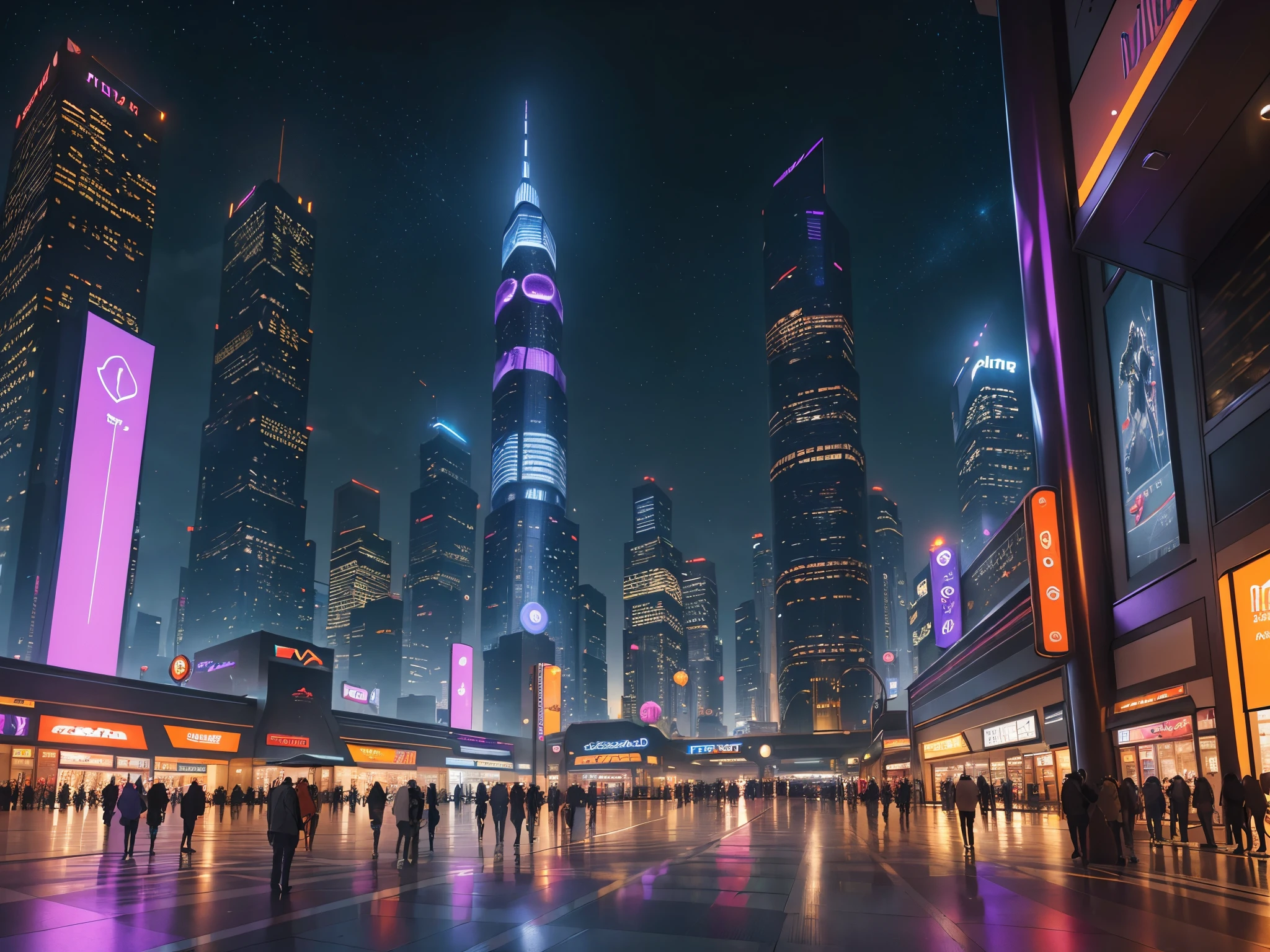 Create a detailed hyper-realistic futuristic cityscape. Imagine sleek skyscrapers, bustling traffic, and diverse economic spaces. In the heart of the city, a grand mall stands tall. At its entrance, a sign with ((Pi Mall)) in vibrant purple and orange. We'll add people, realistic traffic scenes, and dynamic evening lighting for an authentic urban feel.