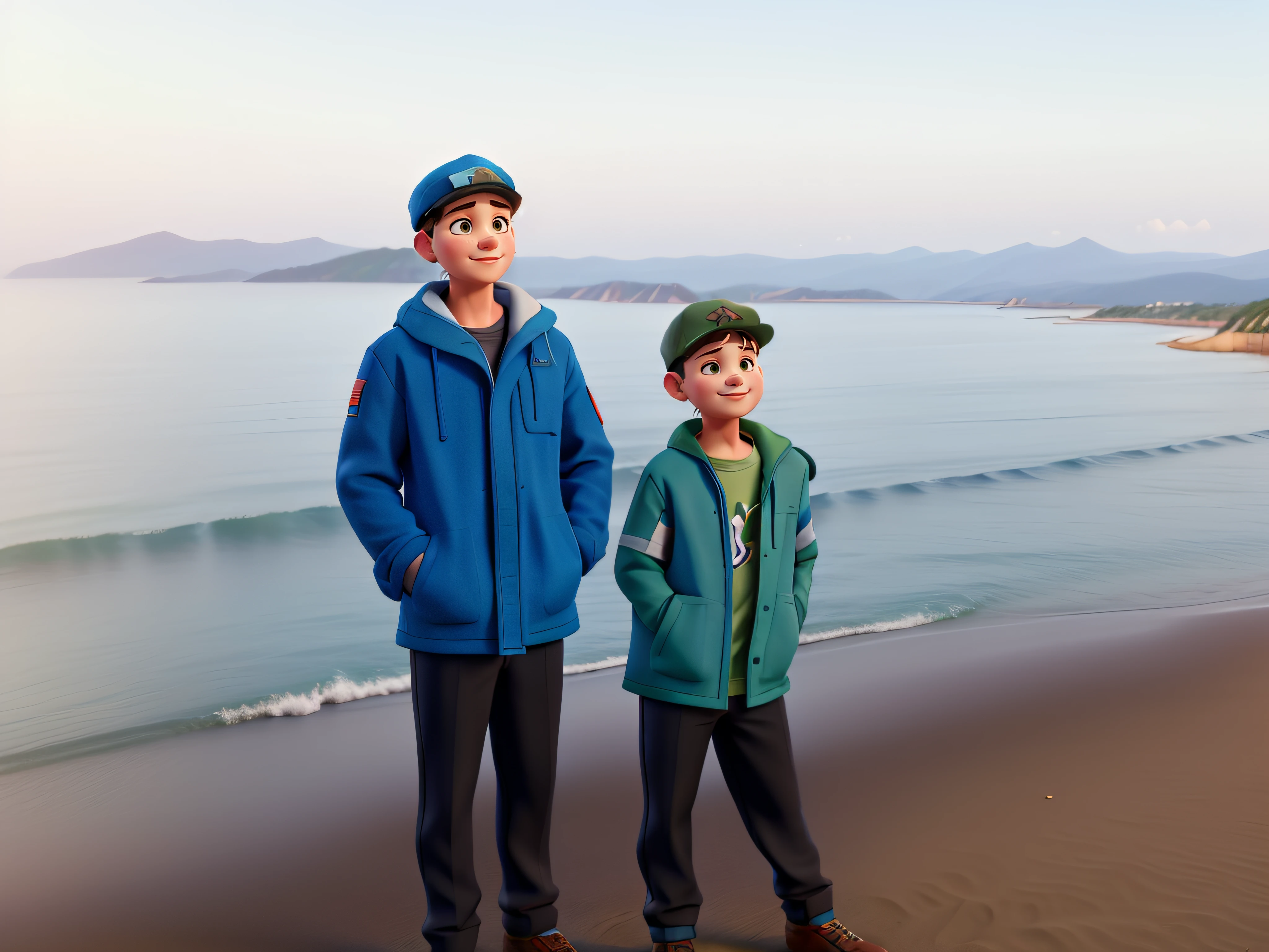 2 boys stand on the seashore, sand below, overseas, mountains in the distance, on the left is a boy in a blue jacket and cap, on the right is a boy in a green jacket and cap, both in black pants