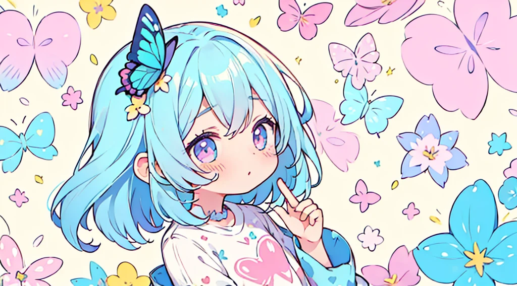 (Pastel background:1.2), patterned background, (Small graffiti everywhere), The entire background is filled with a repeating pattern of cute hearts.., Stars, butterflys, Background with flowers and other cute things:1.2)