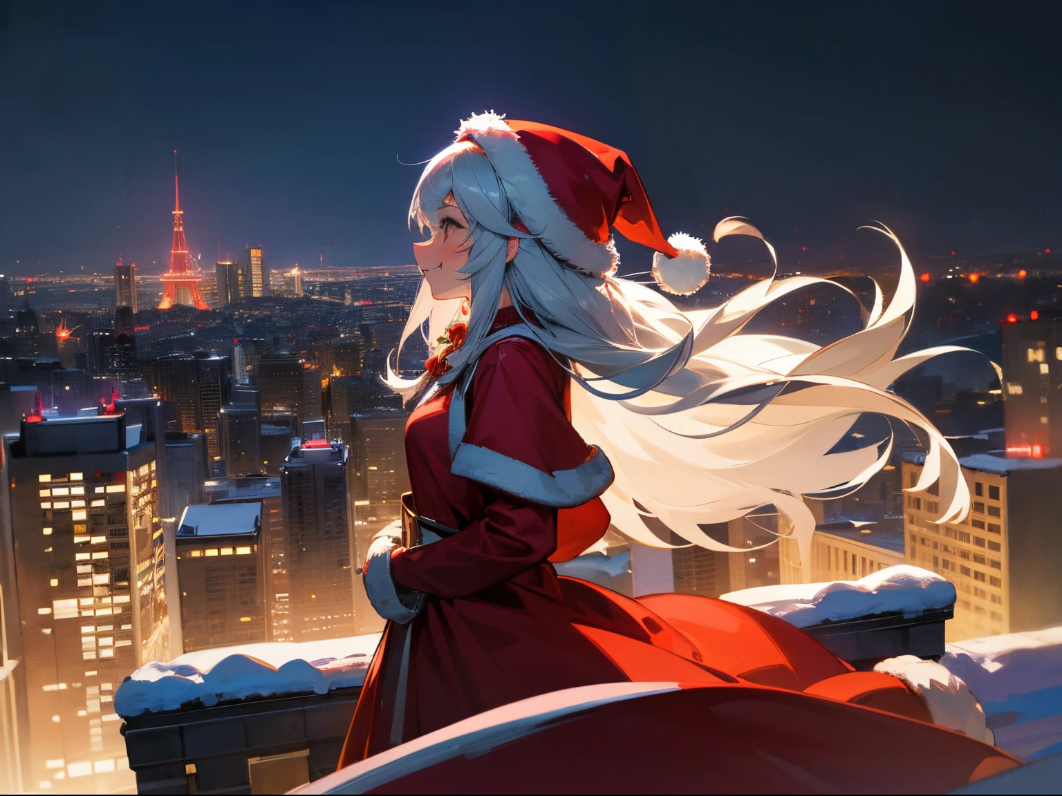 Fantastic night view of the snowy city、Side profile of a smiling long-haired silver-haired girl wearing a Santa Claus hat and red dress and looking at the sky、A big smile that shows your teeth with narrowed eyes、Contre-Jour