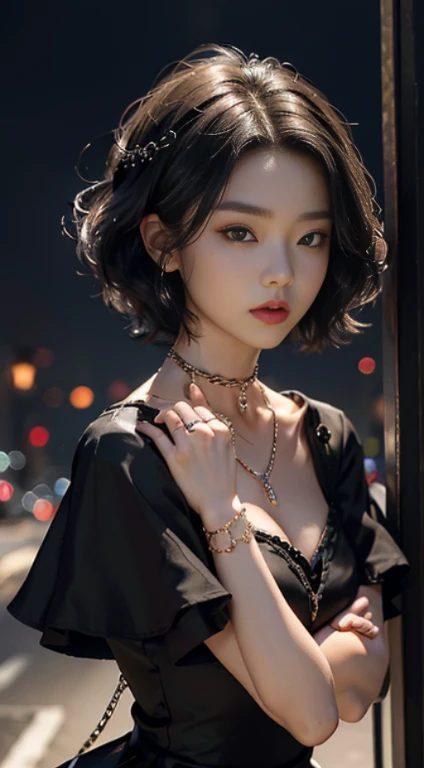 (natta)、((top-quality、​masterpiece:1.3))、sharp:1.2、Perfect Body Beauty:1.4、((Layered hairstyle))、(Black Dress:1.3)、(nighttime scene:1.2)、(chains:1.3)、Highly detailed facial and skin texture、Detailed eye、二重まぶた、((short-length hair))、boyish、Cool、((unisex))、big eye、necklace anse、((One Woman))、Black eyes、A bracelet、a choker、Ring、chain accessories earbe々From an angle、Cuffed、