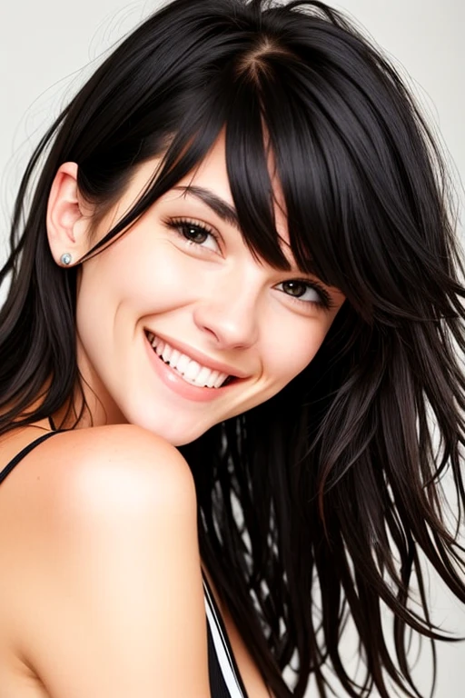 Beautiful woman with black messy hair, cute smile on her face , ultrarealistic