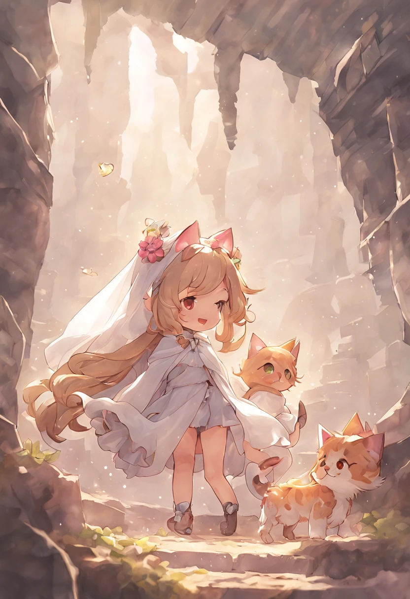 (3 girls:1.3), (chibi girl:1.4), (cat ears:1.4), (best quality:1.2), (masterpiece:1.3), (ultra cute kawaii:1.2), cute pose, nice face, perfect hands,
BREAK
Dungeons, caves, ruins, dusty chambers, stone walls, rock walls, ruins, deep underground, hierarchical structures, large holes, flint moss, magic stone crystals, darkness, torchlight,
BREAK
(high contrast white skin:1.2), (skinny:1.3), (clear skin:1.3), (feminine attractive parted lips:1.3), (happy:1.2), smile, shiny gradient hair, different color hair, colored inner hair, floating hair, (white transparent veil:1.2), (Transparent white sleeves), flower crown, flower tiara, (Kigurumi:1.3), flower, flower ornaments, flower bangles, flower collar,