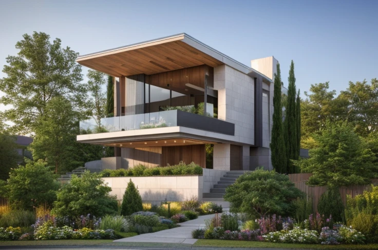 (masterpiece),(high quality), best quality, real,(realistic), super detailed, (full detail),(4k),8k,modern house exterior design,Modern architecture,Beautiful_sky,Day light, no_humans, outdoors,sky,tree,Garden flower front of building,