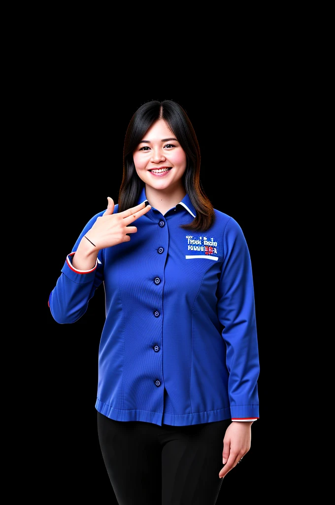 woman in blue shirt pointing at something with both hands, corporate photo, blue uniform, full protrait, with index finger, inspired by Ni Yuanlu, hannah yata, protrait, potrait, marketing photo, with pointing finger, kuntilanak, full body photograph, woman model, photo portrait, friendly smile, portrait full body