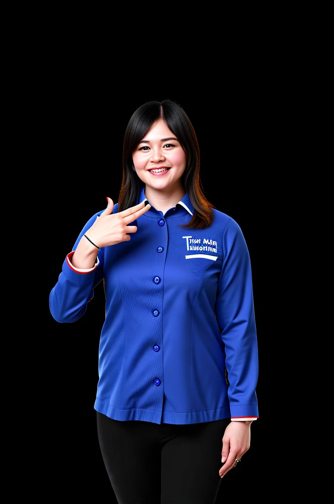 woman in blue shirt pointing at something with both hands, corporate photo, blue uniform, full protrait, with index finger, inspired by Ni Yuanlu, hannah yata, protrait, potrait, marketing photo, with pointing finger, kuntilanak, full body photograph, woman model, photo portrait, friendly smile, portrait full body