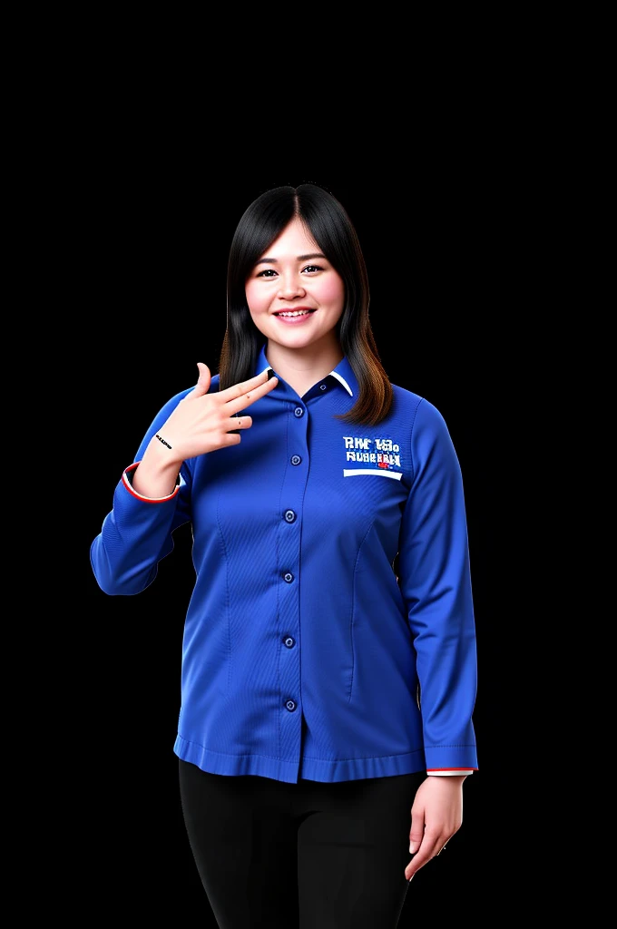 woman in blue shirt pointing at something with both hands, corporate photo, blue uniform, full protrait, with index finger, inspired by Ni Yuanlu, hannah yata, protrait, potrait, marketing photo, with pointing finger, kuntilanak, full body photograph, woman model, photo portrait, friendly smile, portrait full body