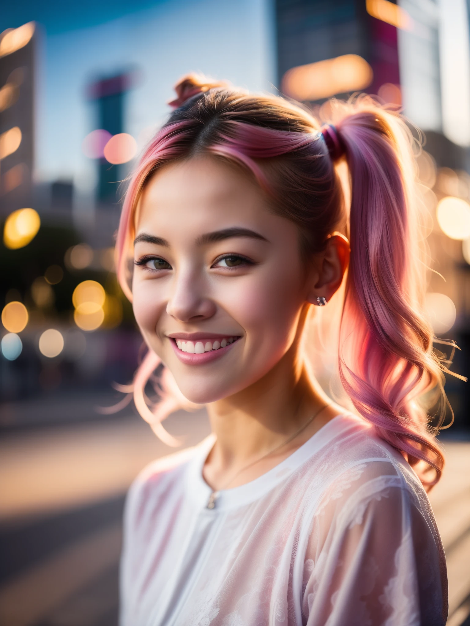 Portrait photo of a young girl, (laughing:0.7), pink ponytails hair, complex city background, backlit, (cinematic:1.5), epic realistic, hyperdetailed, insane details, intricate details, accent lighting, soft volumetric light, bokeh, (dramatic light:1.2), (neutral colors:1.3), cross process