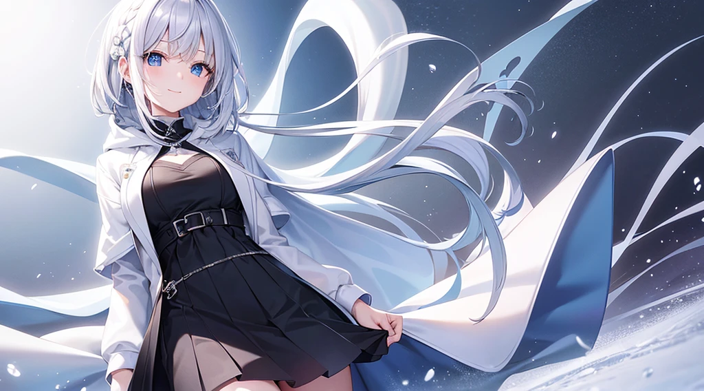 Look at viewers, hands behind back, girl with, 20 years old, Very short hair, long bangs between eyes, pale blue eyes, Hoodie, Skirt , Blue sky, Sunlight, Extremely detailed,(masterpiece、top-quality)、独奏、White hair、Black eyes、A smile、White skin as clear as snow、Fantastical, Silver hair, Blue eyes, Beautiful eyes,, Ecstasy, charmed, be smitten with audience, Hoodie, White hoodie,a black skirt,Hair is short,Fine details,snowscape,White muffler