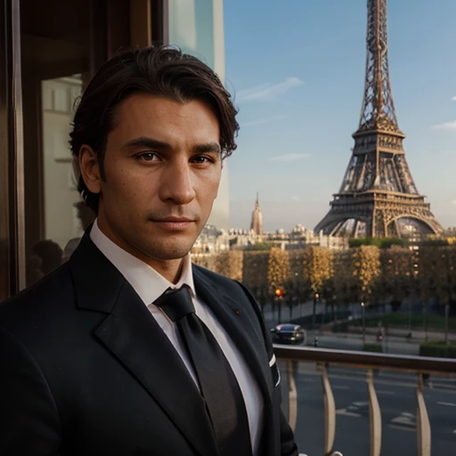 Hommes'Black cheves and marrons in bronze musclée with a white chemise and a black tie near the Tour Eiffel to Paris with a snapshot from the camera on the face